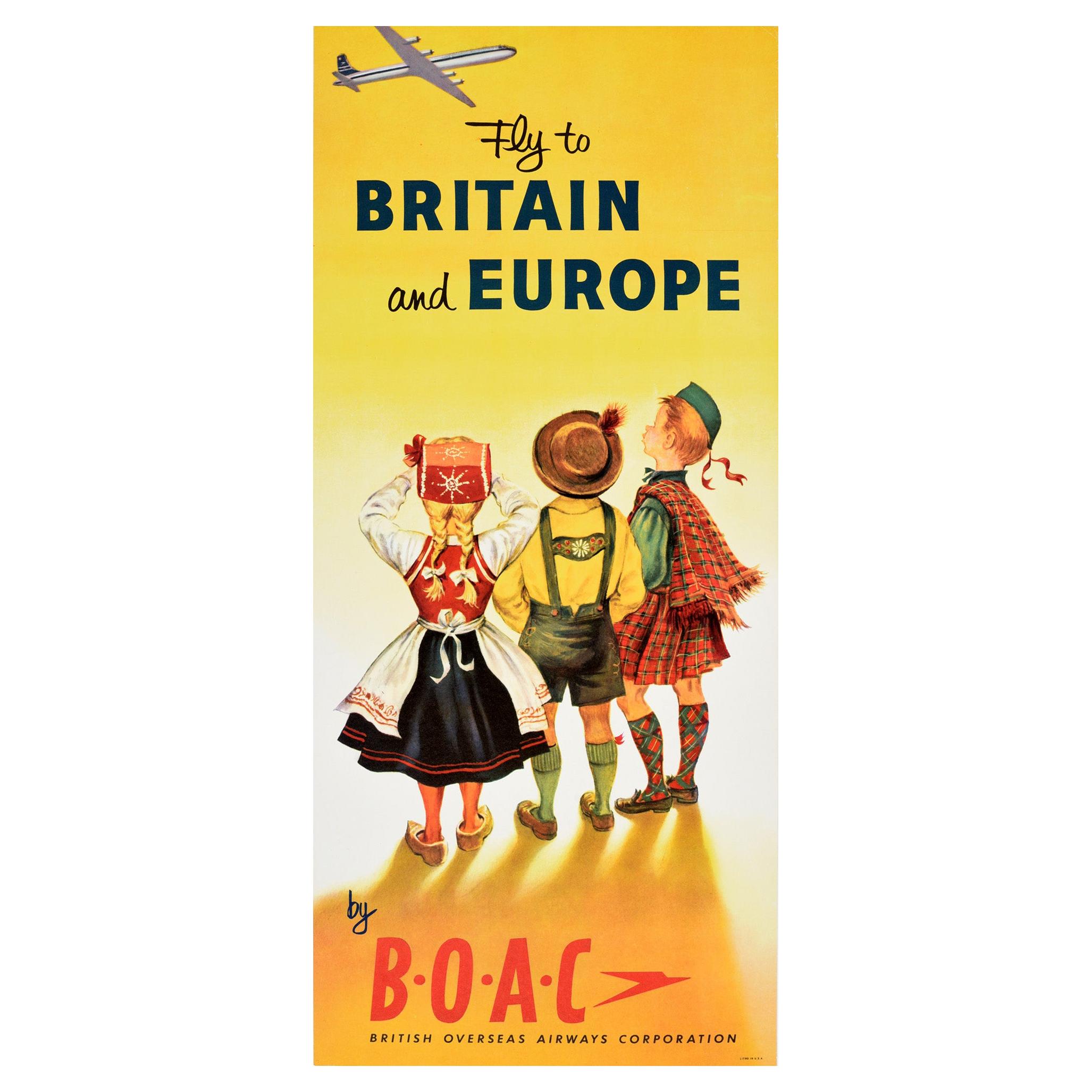 Original Vintage Air Travel Poster Fly To Britain And Europe By BOAC Speedbird
