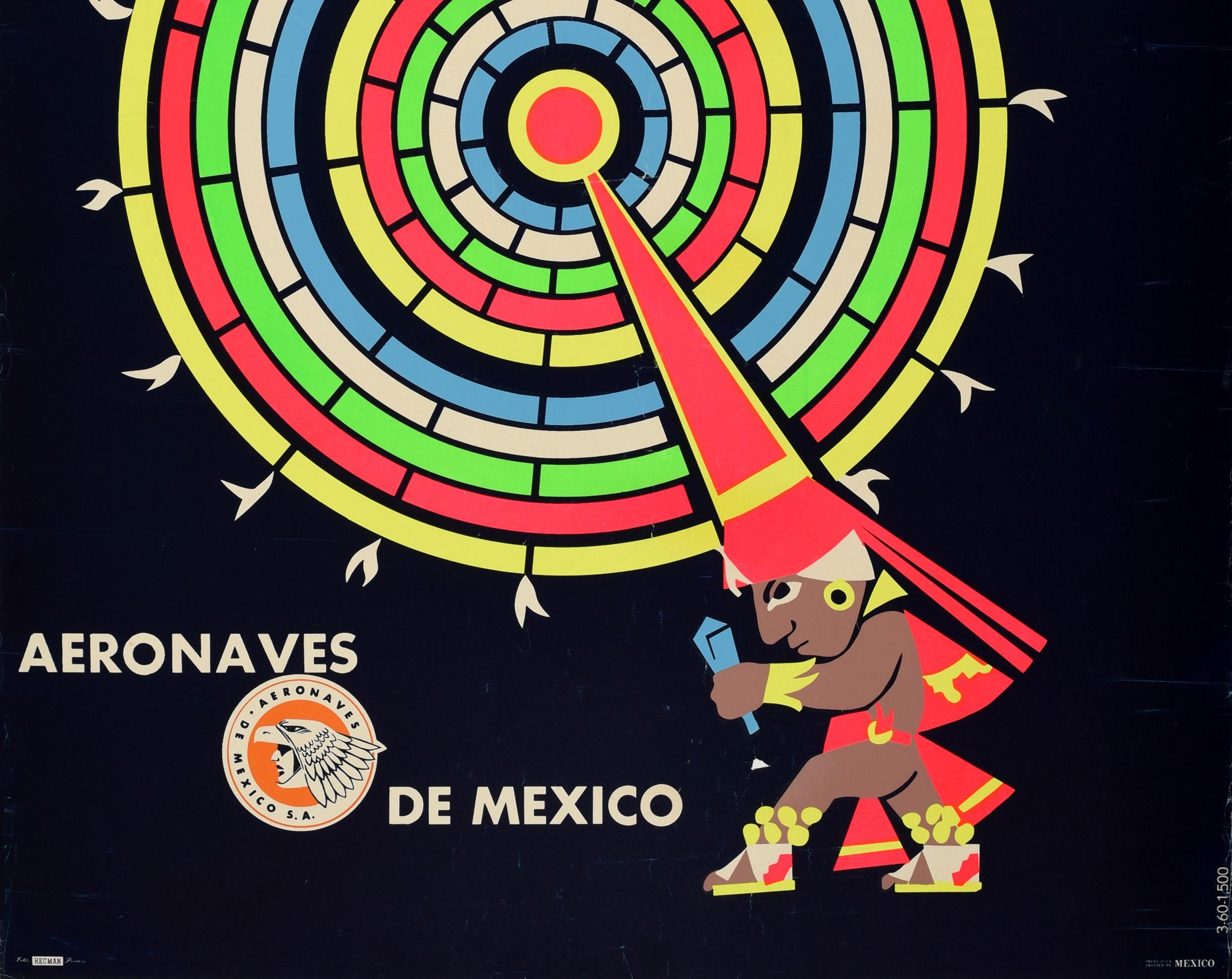 Mexican Original Vintage Air Travel Poster Fly To Mexico Aeronaves Maya Calendar Design For Sale