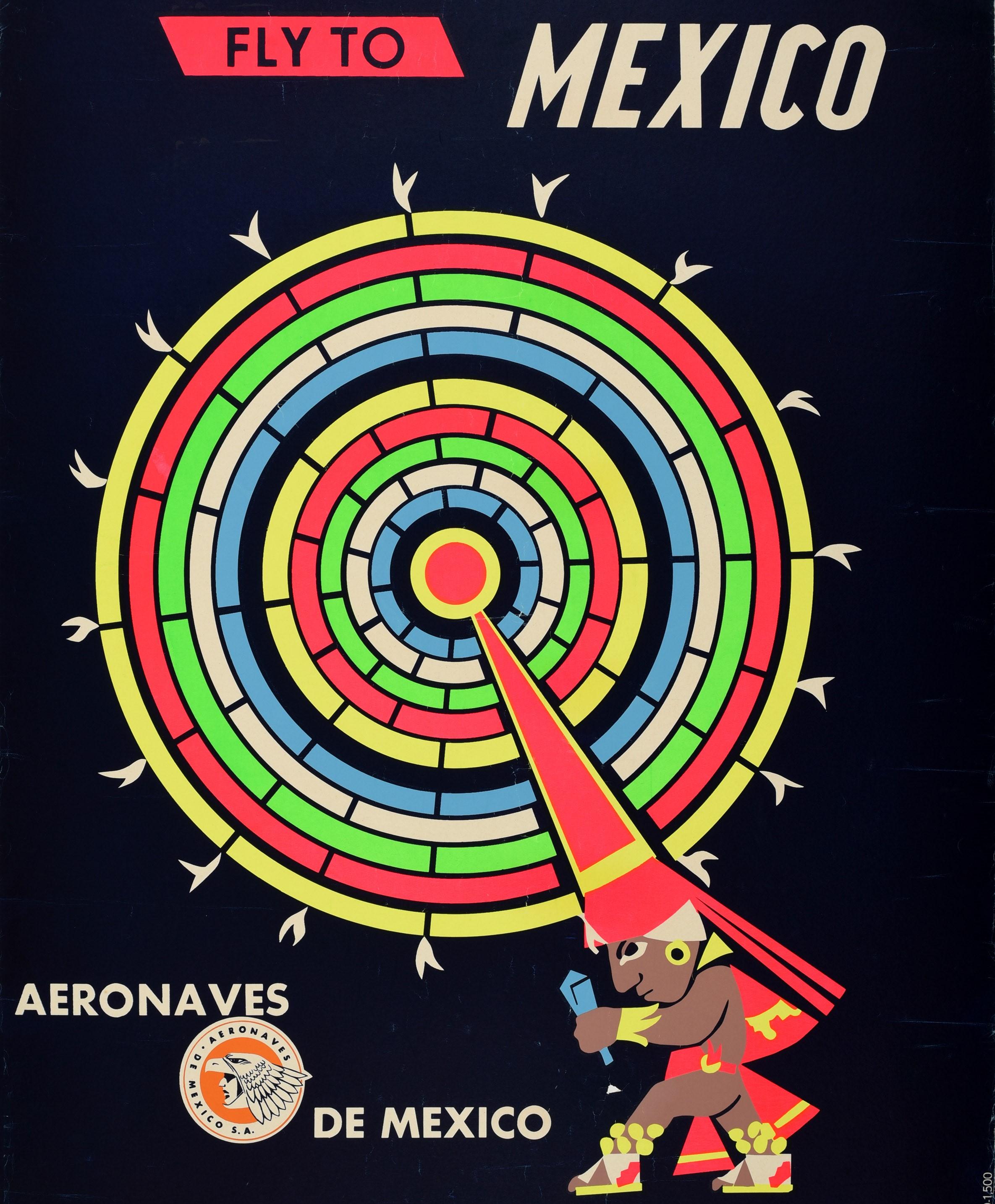 Original Vintage Air Travel Poster Fly To Mexico Aeronaves Maya Calendar Design In Good Condition For Sale In London, GB