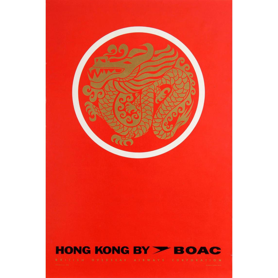 Original Vintage Air Travel Poster for Hong Kong by BOAC Ft. Gold Dragon Design