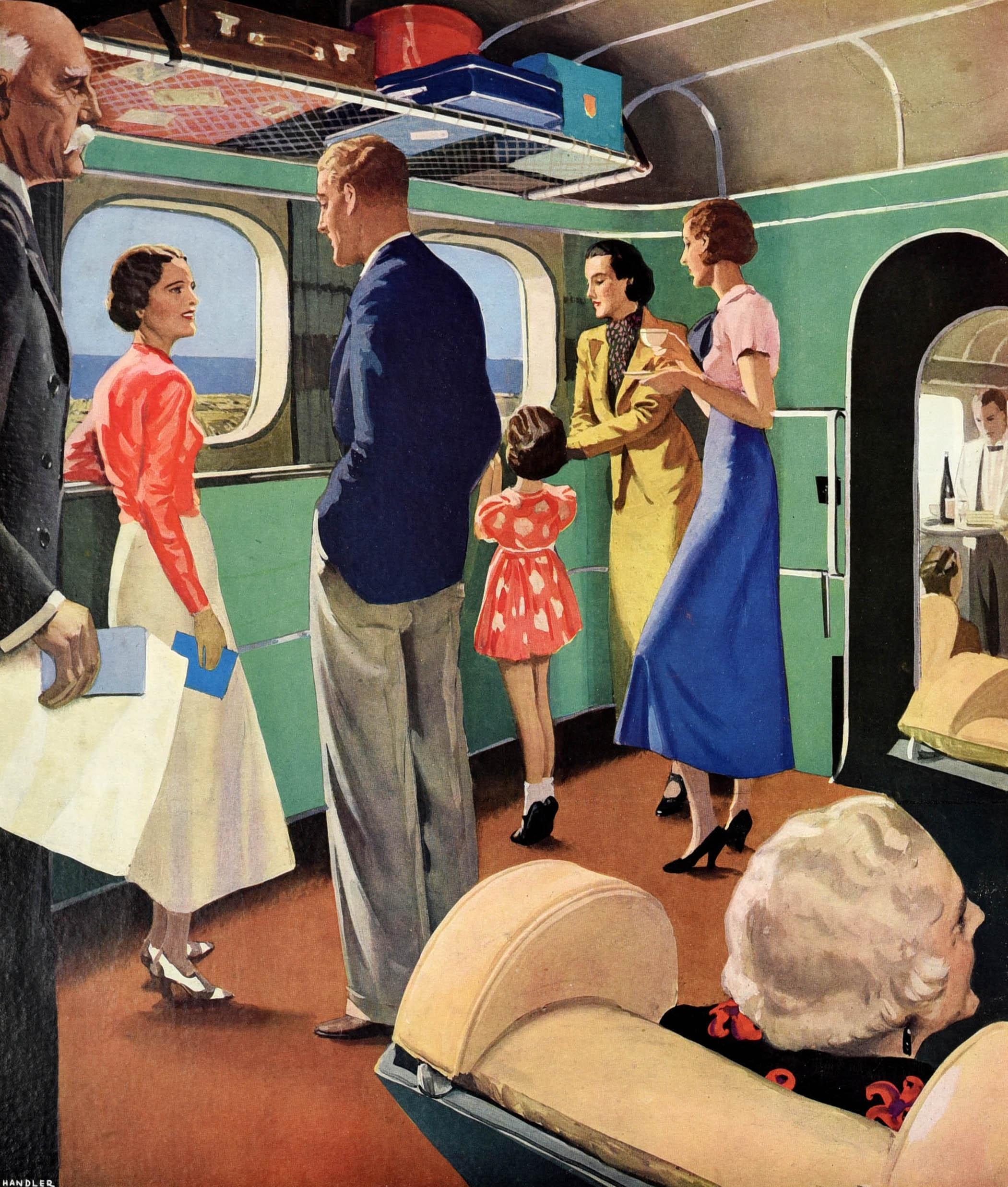 Original vintage travel advertising poster - Imperial Airways Luxury in the new Empire Flying-Boats to Europe Africa India China Australia - featuring colourful artwork of smartly dressed passengers chatting with each other in a plane cabin, the men
