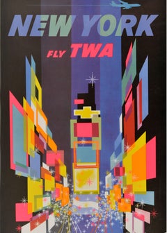 Poster originale d'epoca per il viaggio aereo New York TWA David Klein Up & Up Up