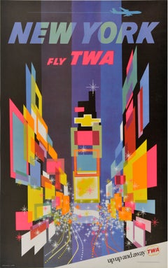 Poster originale d'epoca per il viaggio aereo New York TWA David Klein Up & Up Up