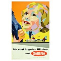 Original Vintage Air Travel Poster Sabena You're In Good Hands Midcentury Design