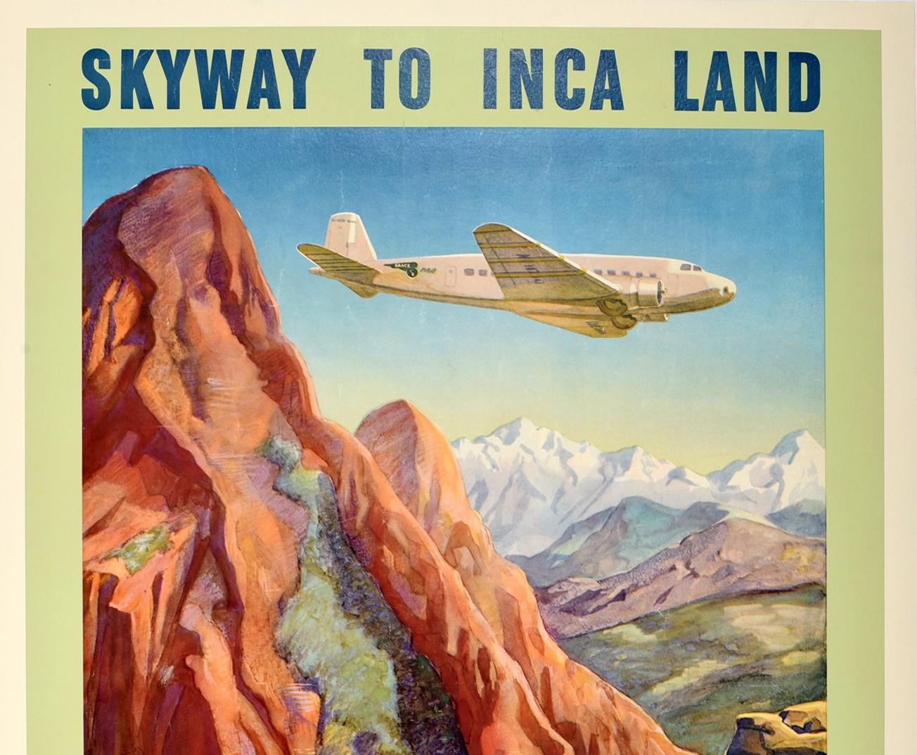 Original vintage PanAm travel poster - Skyway to Inca Land It's a Small World by Pan American Airways - featuring a great design depicting people in colourful clothing standing at Macchu Picchu with their llamas and watching a Pan Am plane fly over