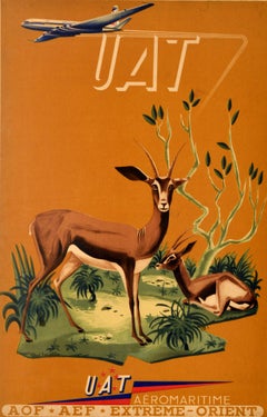 Original Vintage Air Travel Poster UAT Africa Far East Toni Mella Antelope