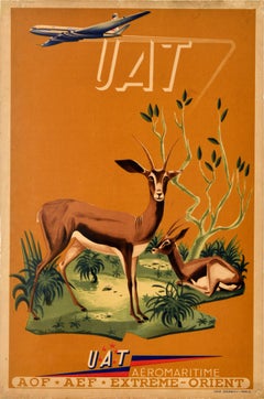 Original Vintage Air Travel Poster UAT Africa Far East Toni Mella Antelope