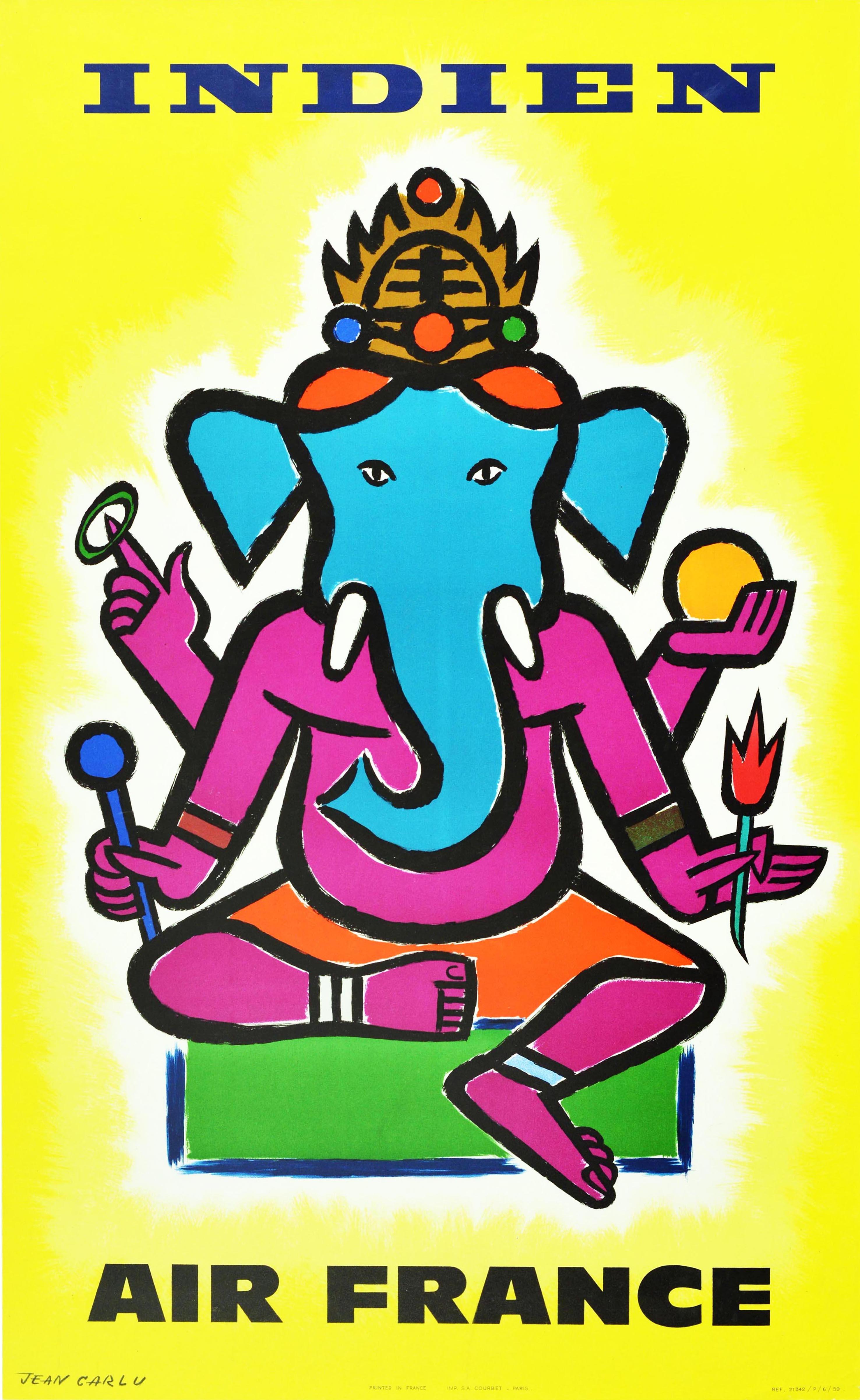 Original vintage travel poster promoting India issued by Air France - Indien Air France. Bold and colourful image by the French graphic designer Jean Carlu (1900-1997) featuring the Hindu elephant deity Ganesha depicted in bright purple, orange,