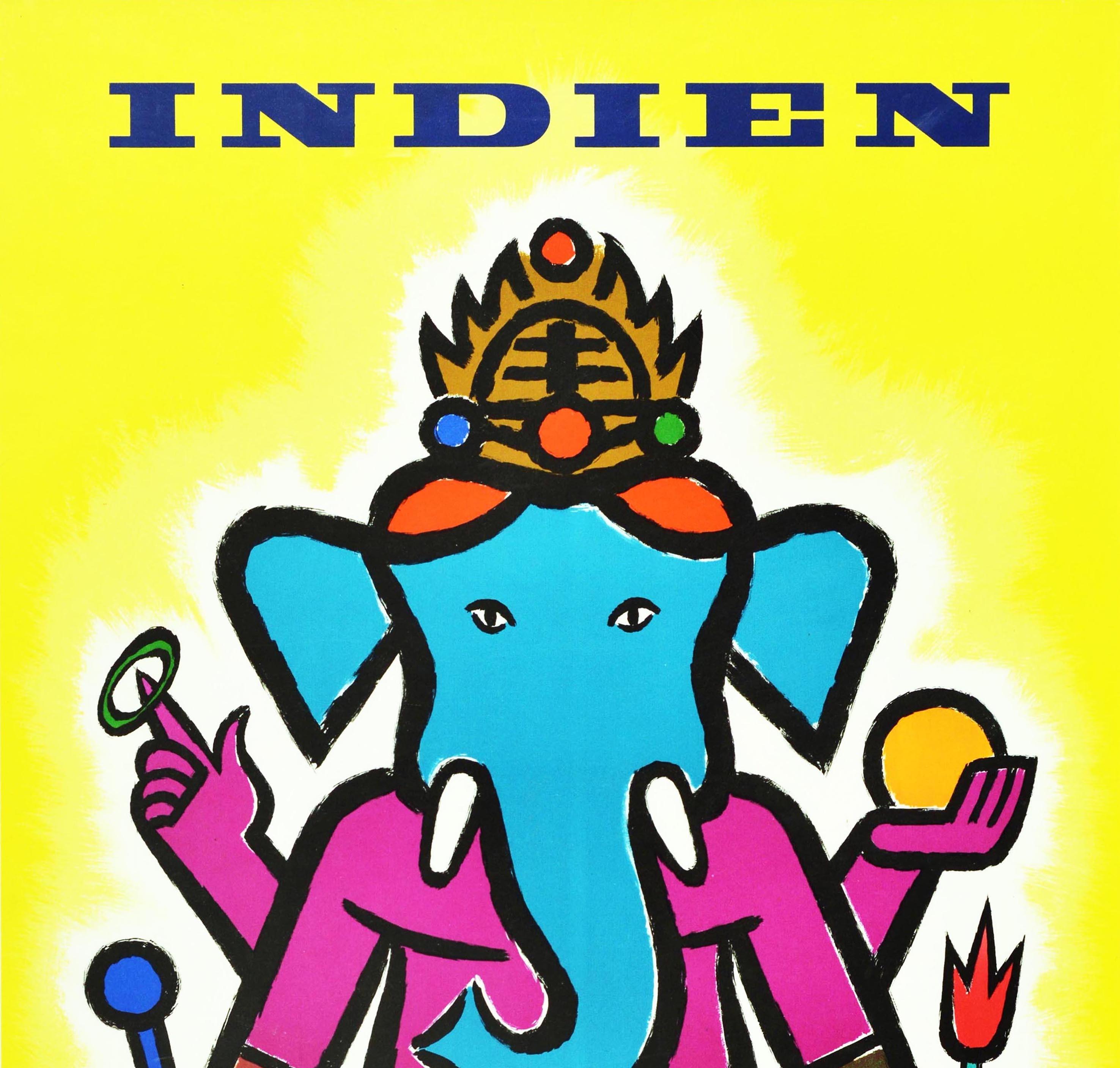 French Original Vintage Airline Poster Indien Air France India Hindu Elephant Ganesha For Sale