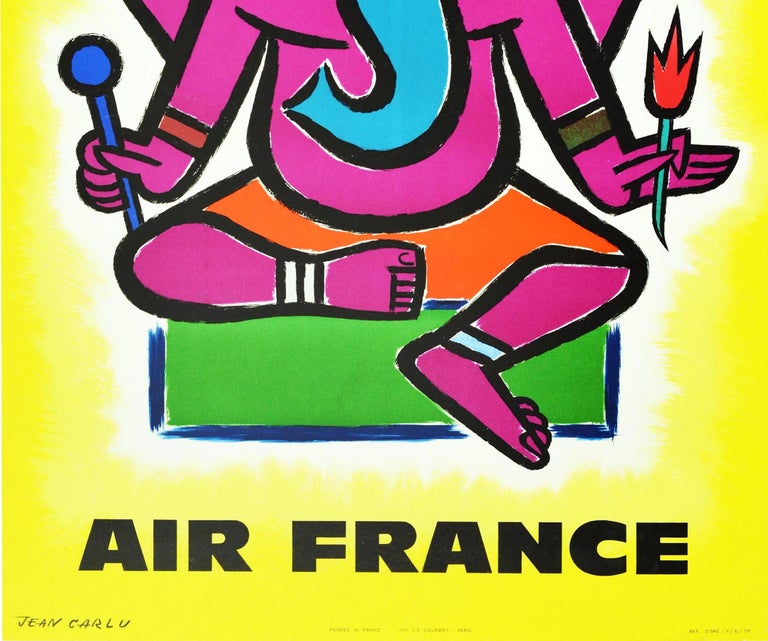 Original Vintage Airline Poster Indien Air France India Hindu Elephant Ganesha In Good Condition For Sale In London, GB
