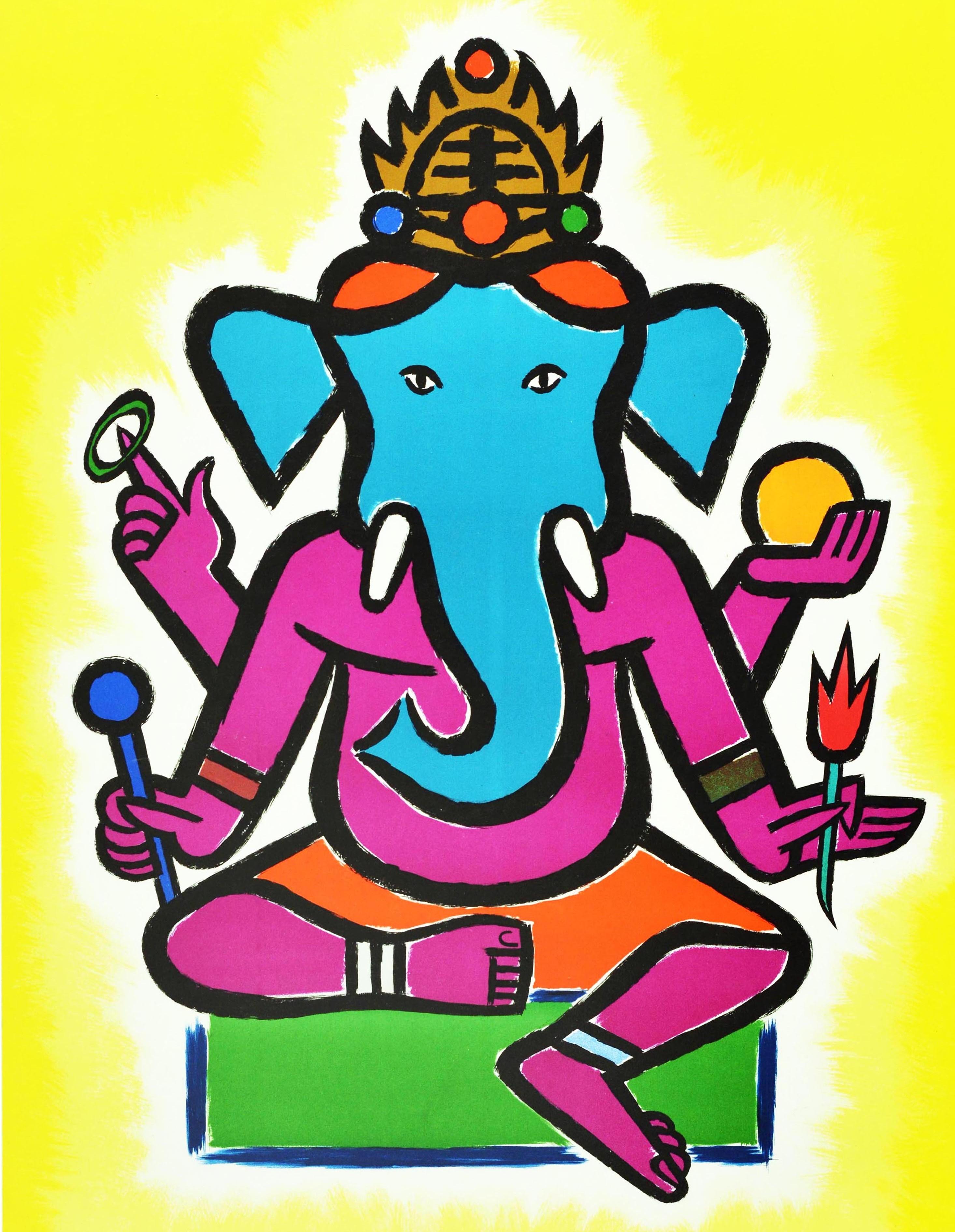Mid-20th Century Original Vintage Airline Poster Indien Air France India Hindu Elephant Ganesha For Sale