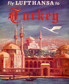 Original Vintage Airline Travel Advertising Poster Turkey Lufthansa Istanbul