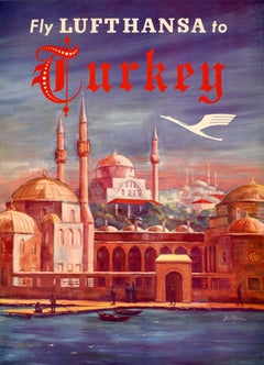 Original Vintage Airline Travel Advertising Poster Turkey Lufthansa Istanbul