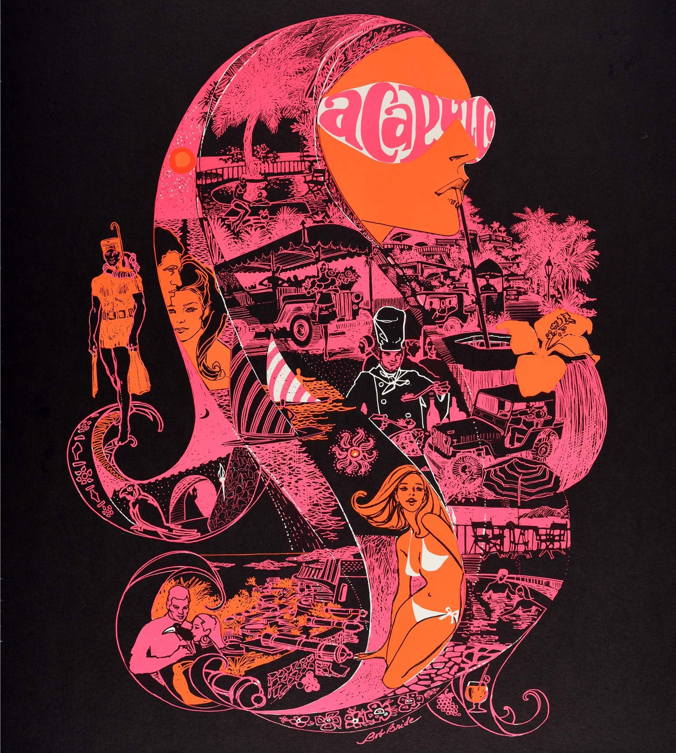 Original-Reisewerbeplakat für Acapulco Aeronaves de Mexico Mexikos größte Fluggesellschaft mit einem farbenfrohen Entwurf des Illustrators und Plakatkünstlers Bob Bride (geb. 1933), der ein psychedelisches Bild einer Dame mit dem Wort Acapulco auf
