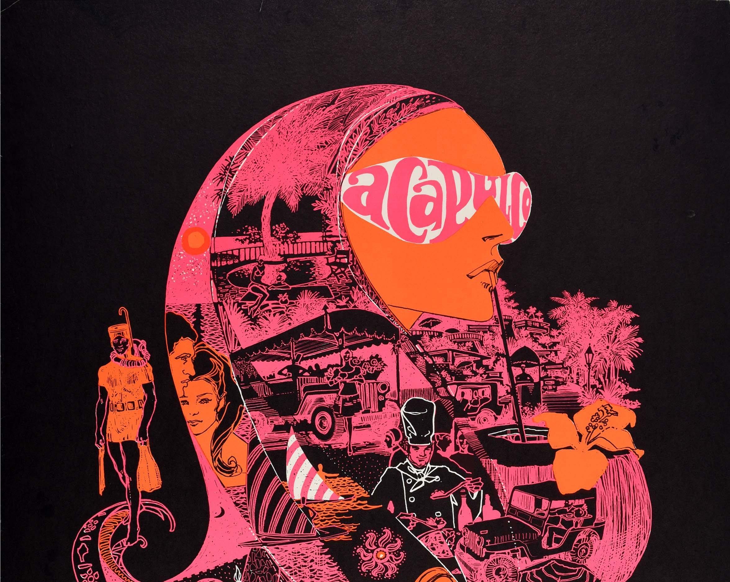 Nordamericano Poster originale d'epoca della compagnia aerea Acapulco Aeronaves De Mexico Psychedelic in vendita