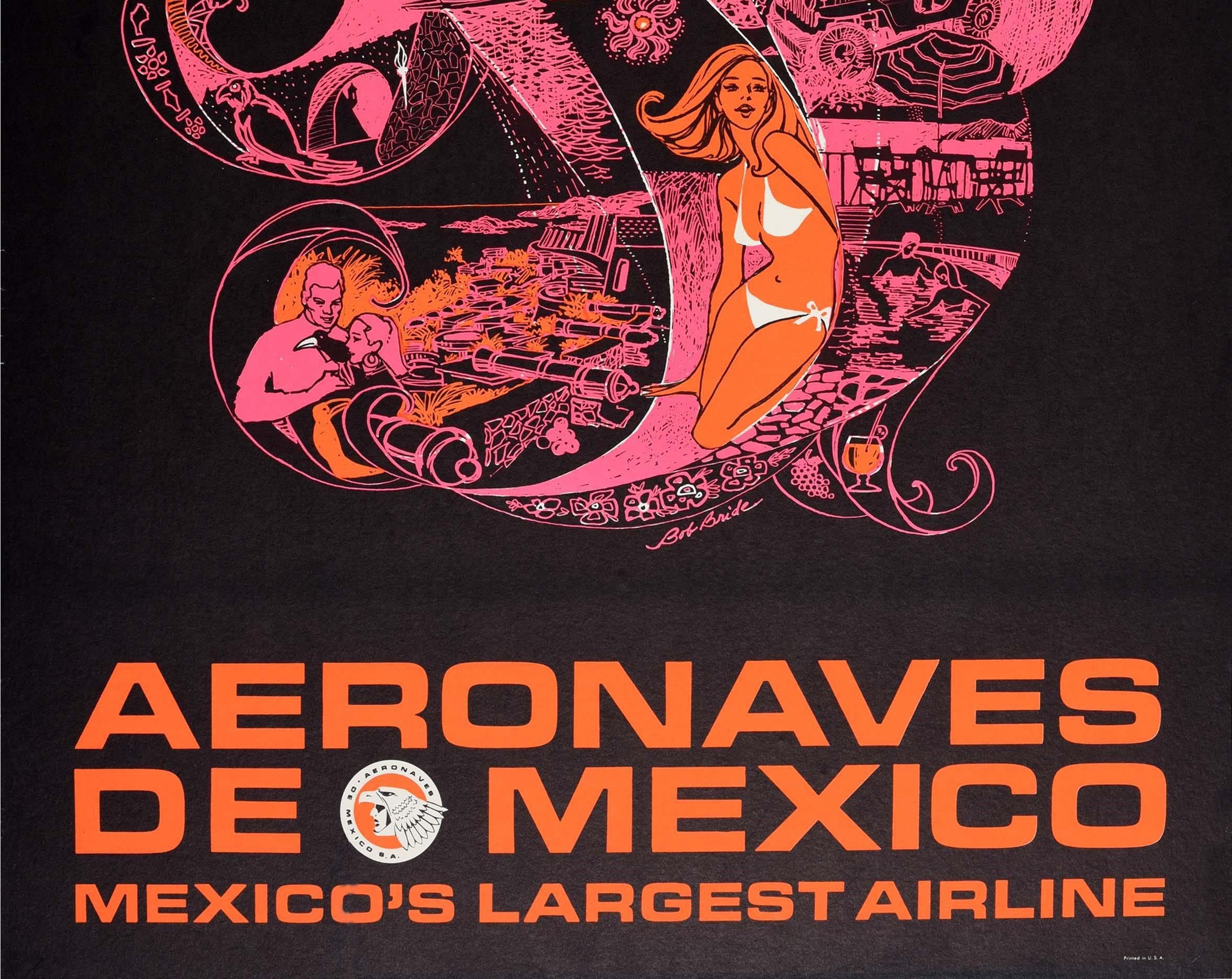 North American Original Vintage Airline Travel Poster Acapulco Aeronaves De Mexico Psychedelic For Sale