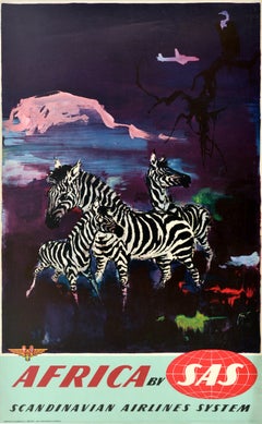 Original Vintage Airline Travel Poster Africa Zebra SAS Otto Nielsen Blue