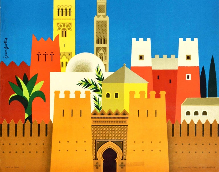 French Original Vintage Airline Travel Poster Air France Marokko Morocco North Africa For Sale