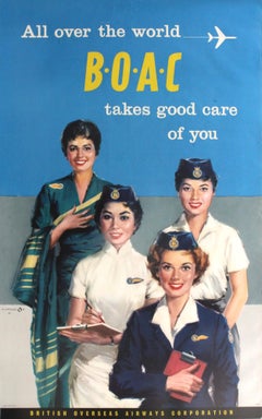Original Vintage Airline Travel Poster BOAC Stewardess India Hong Kong Japan