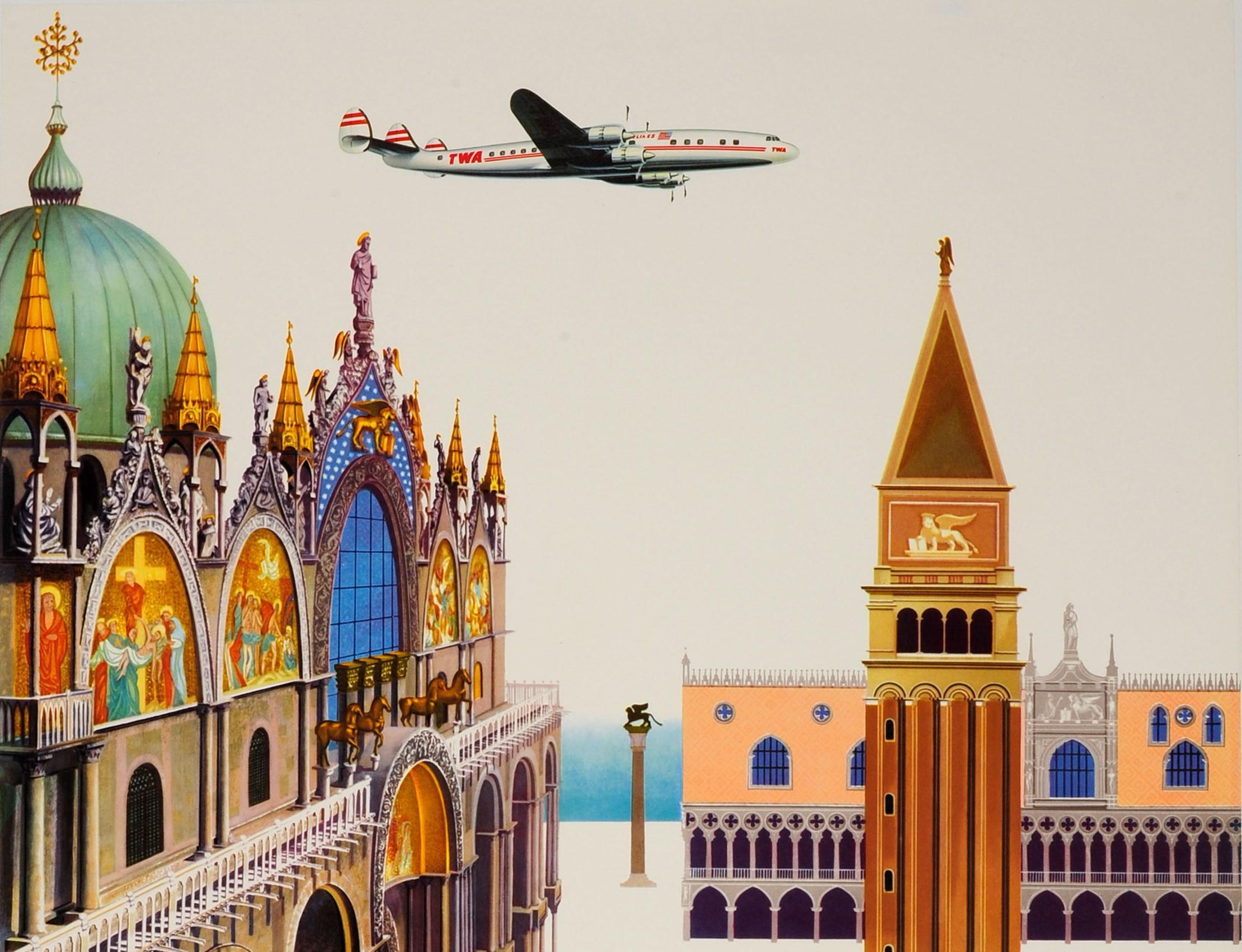 Original vintage travel advertising poster - Fly TWA Italy - featuring a great image by the American artist David Klein (1918-2005) of a view over the Piazza San Marco / St Mark's Square in Venice with birds flying around the historic San Marco