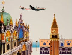 Original Vintage Airline Travel Poster Fly TWA Italy Ft San Marco Venice View
