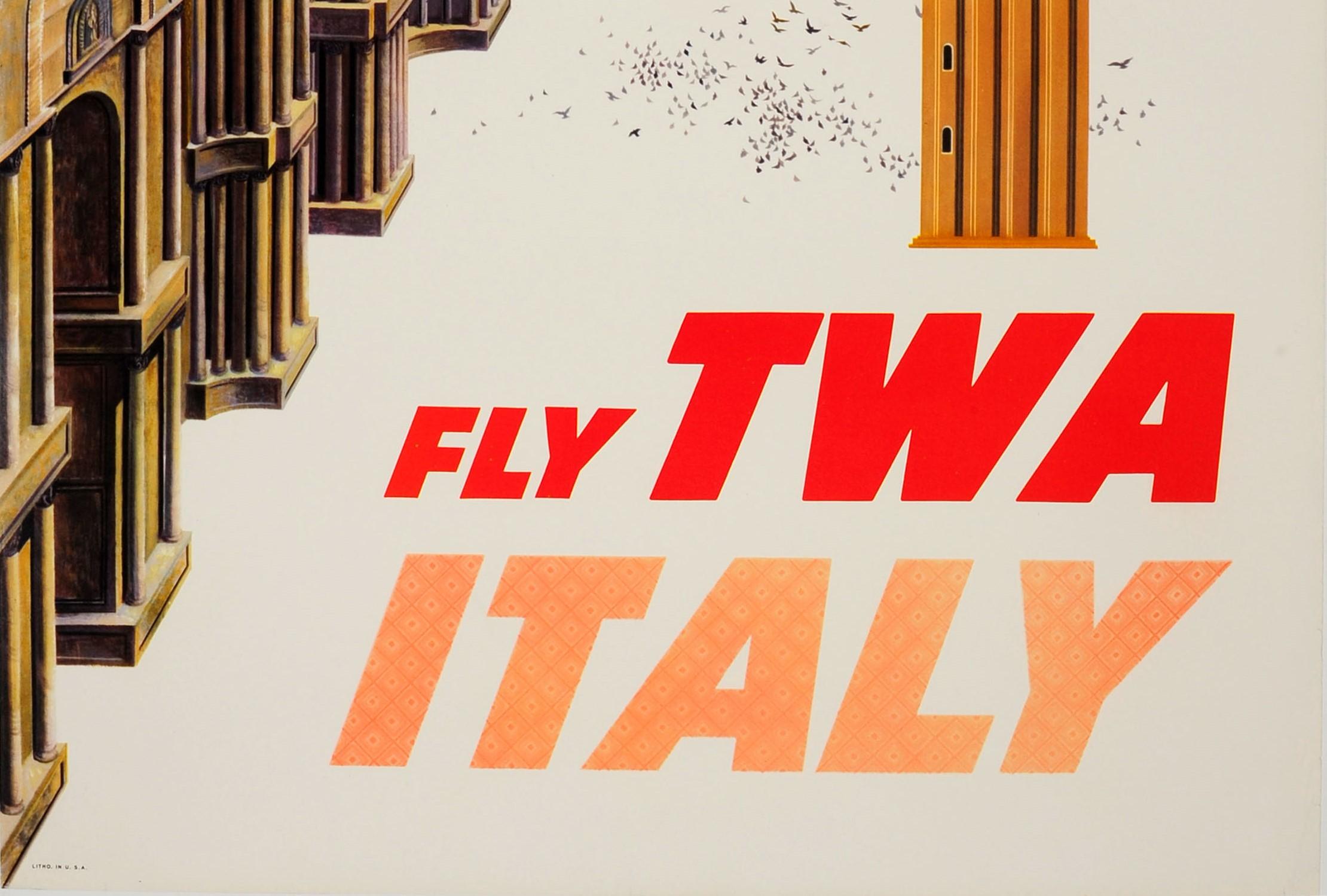 Original Vintage Airline Travel Poster Fly TWA Italy Ft San Marco Venice View In Excellent Condition In London, GB