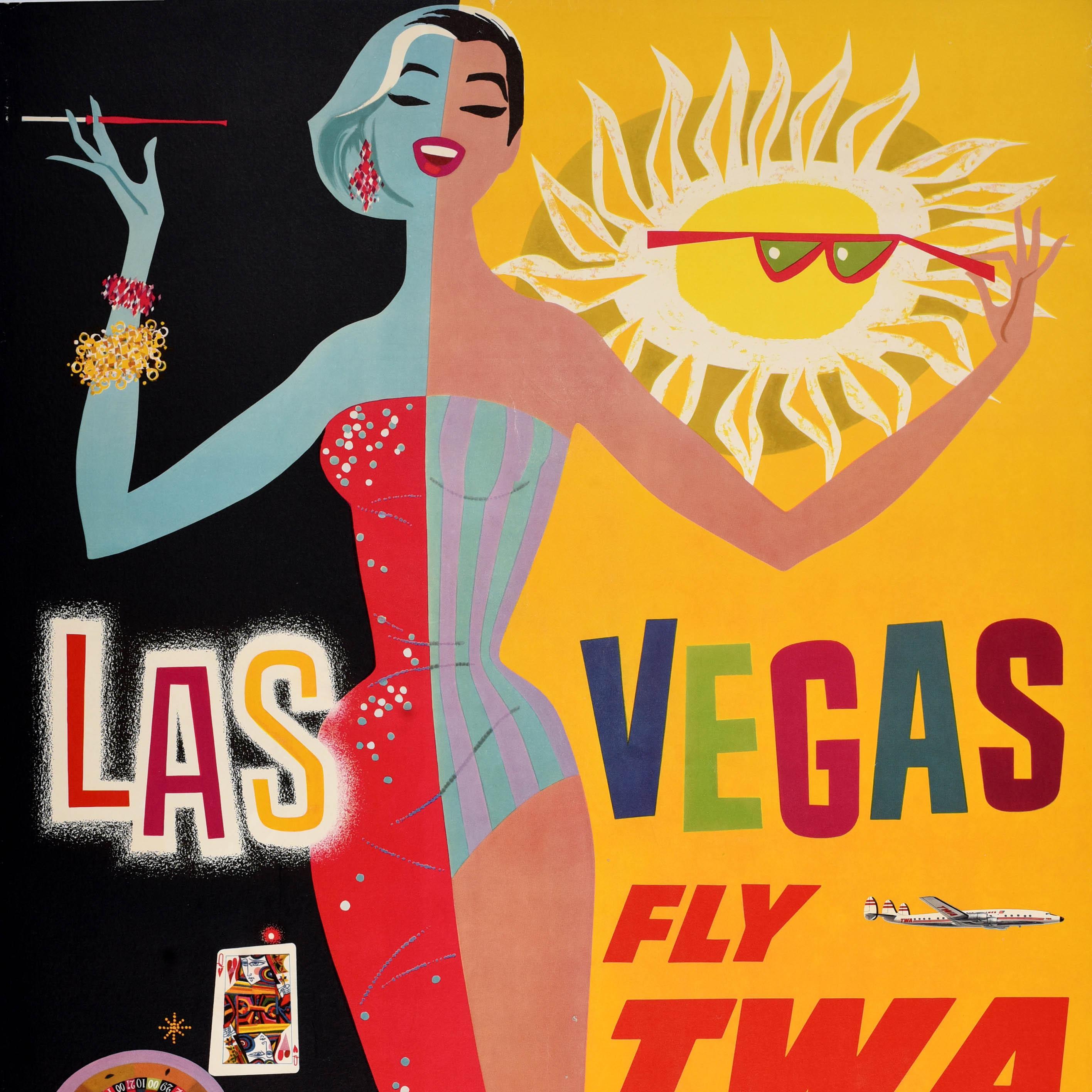 Original vintage mid-century airline travel poster advertising Las Vegas Fly TWA Trans World Airlines featuring a colourful design by the notable American artist David Klein (1918-2005) depicting a smiling elegant lady enjoying Las Vegas at night