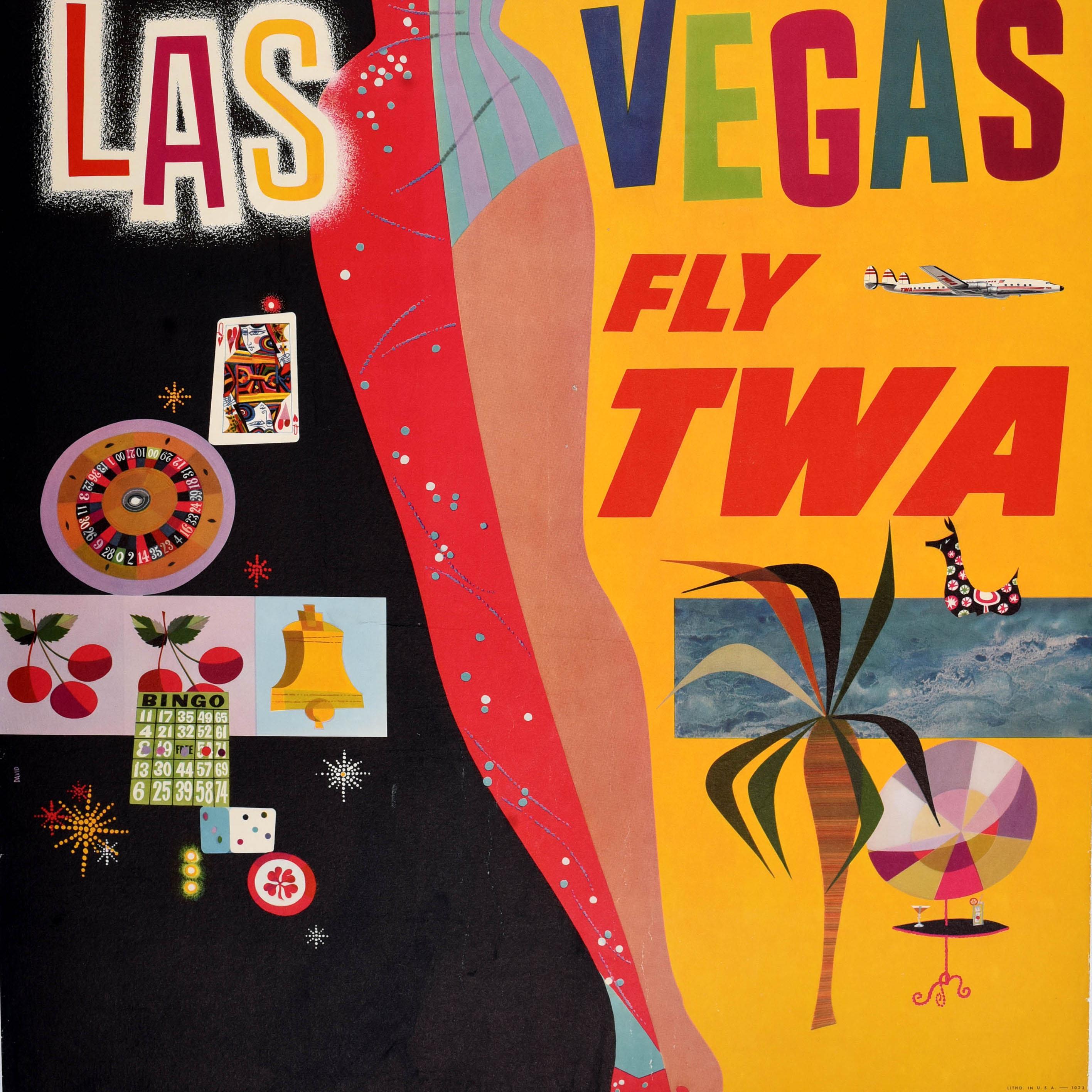 Américain Affiche vintage originale de voyage d'une compagnie aérienne Las Vegas TWA David Klein, milieu du siècle dernier  en vente