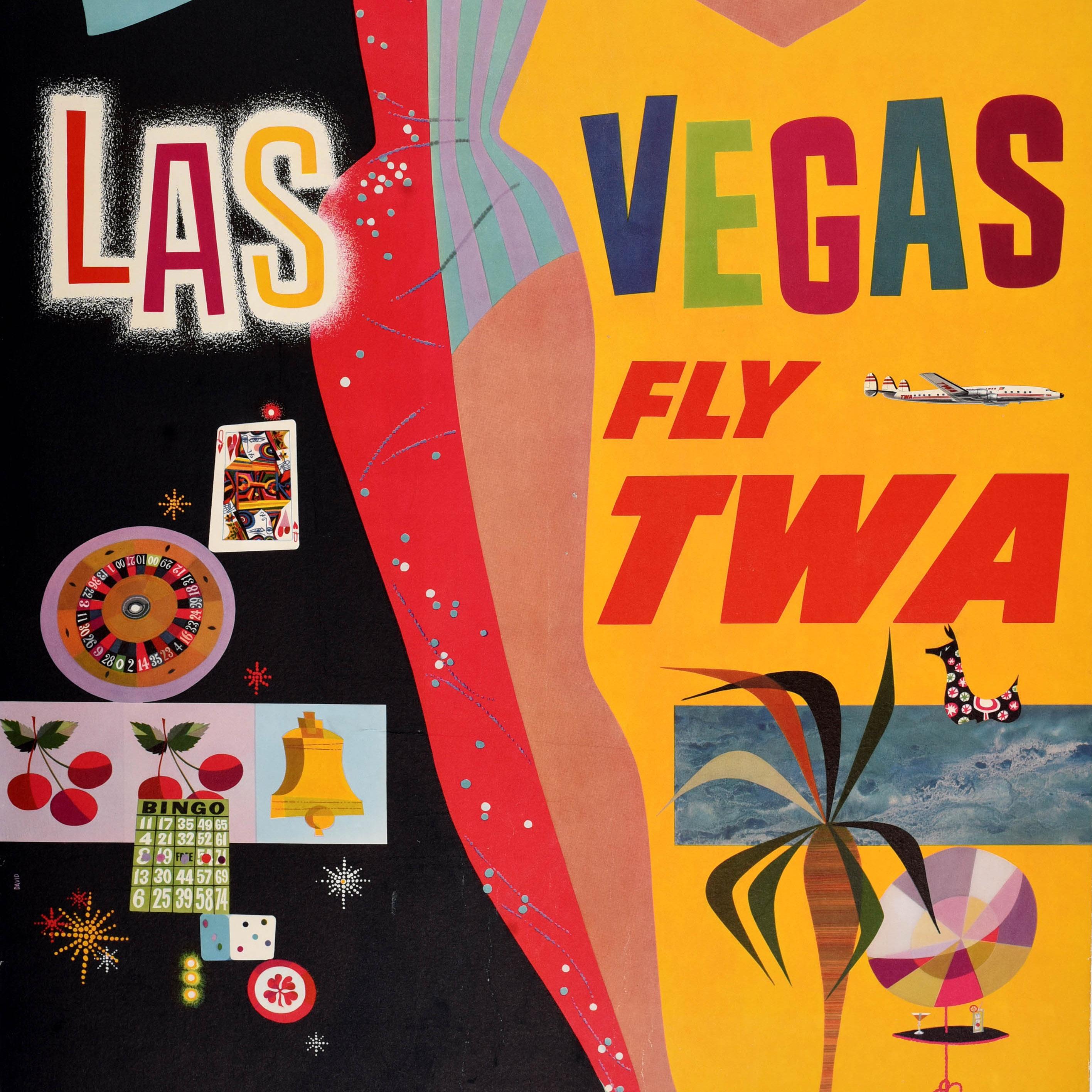 Affiche vintage originale de voyage d'une compagnie aérienne Las Vegas TWA David Klein, milieu du siècle dernier  Bon état - En vente à London, GB