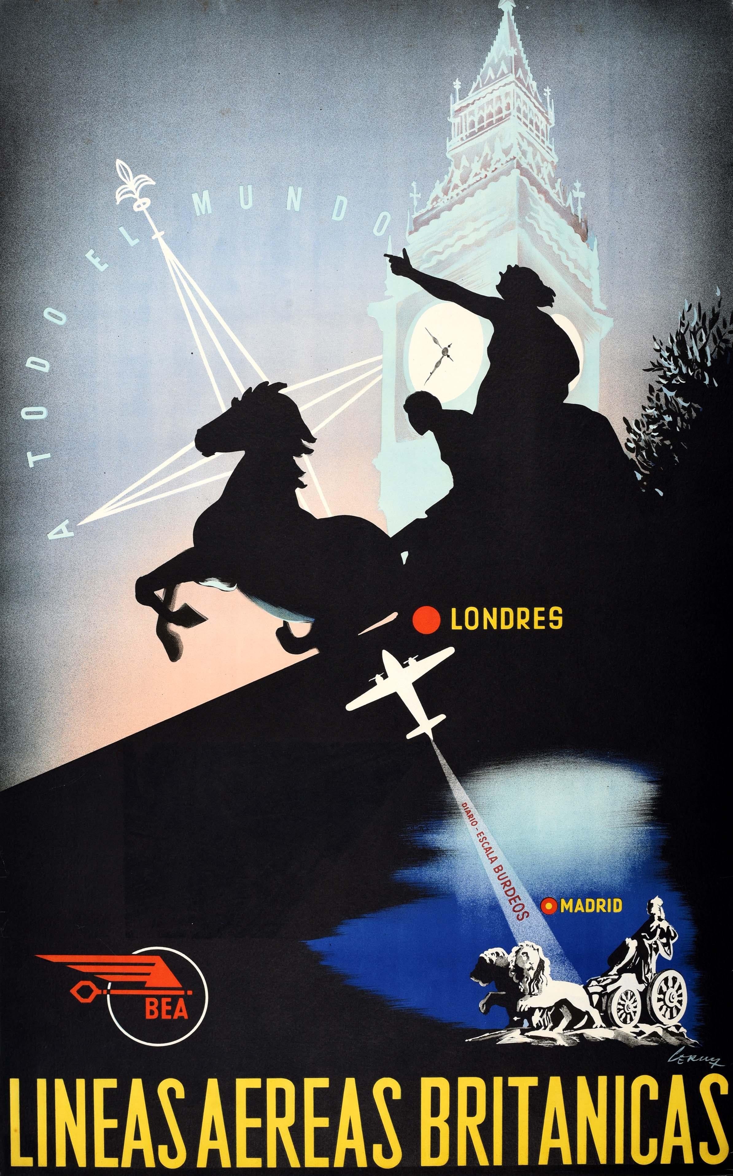 Original vintage travel advertising poster issued by BEA - Lineas Aereas Britanicas - featuring a stunning design showing a plane flying from Madrid in Spain to Londres / London in England marked with red dots and showing sculptures from the two