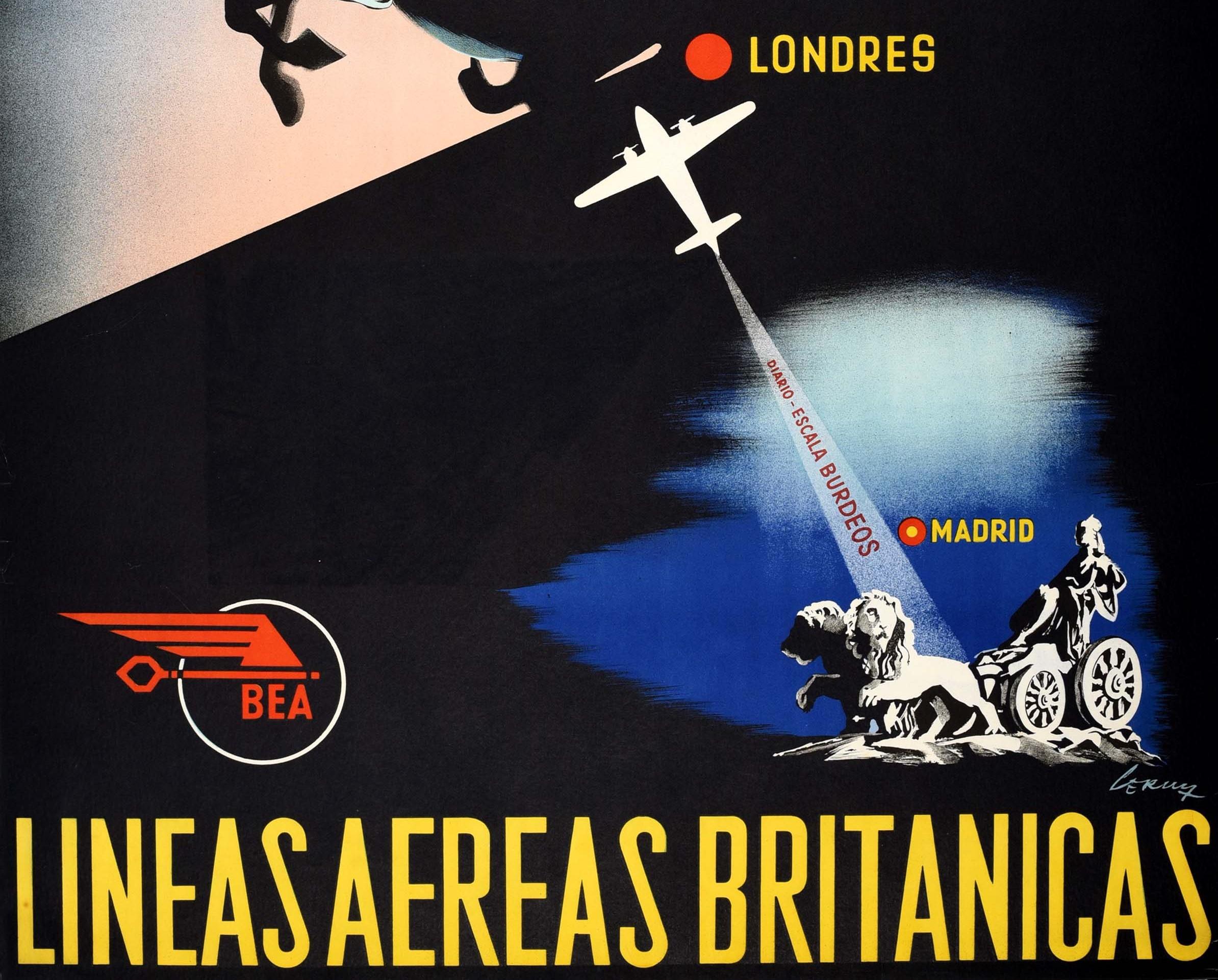 Mid-20th Century Original Vintage Airline Travel Poster Madrid To London BEA To The Whole World For Sale