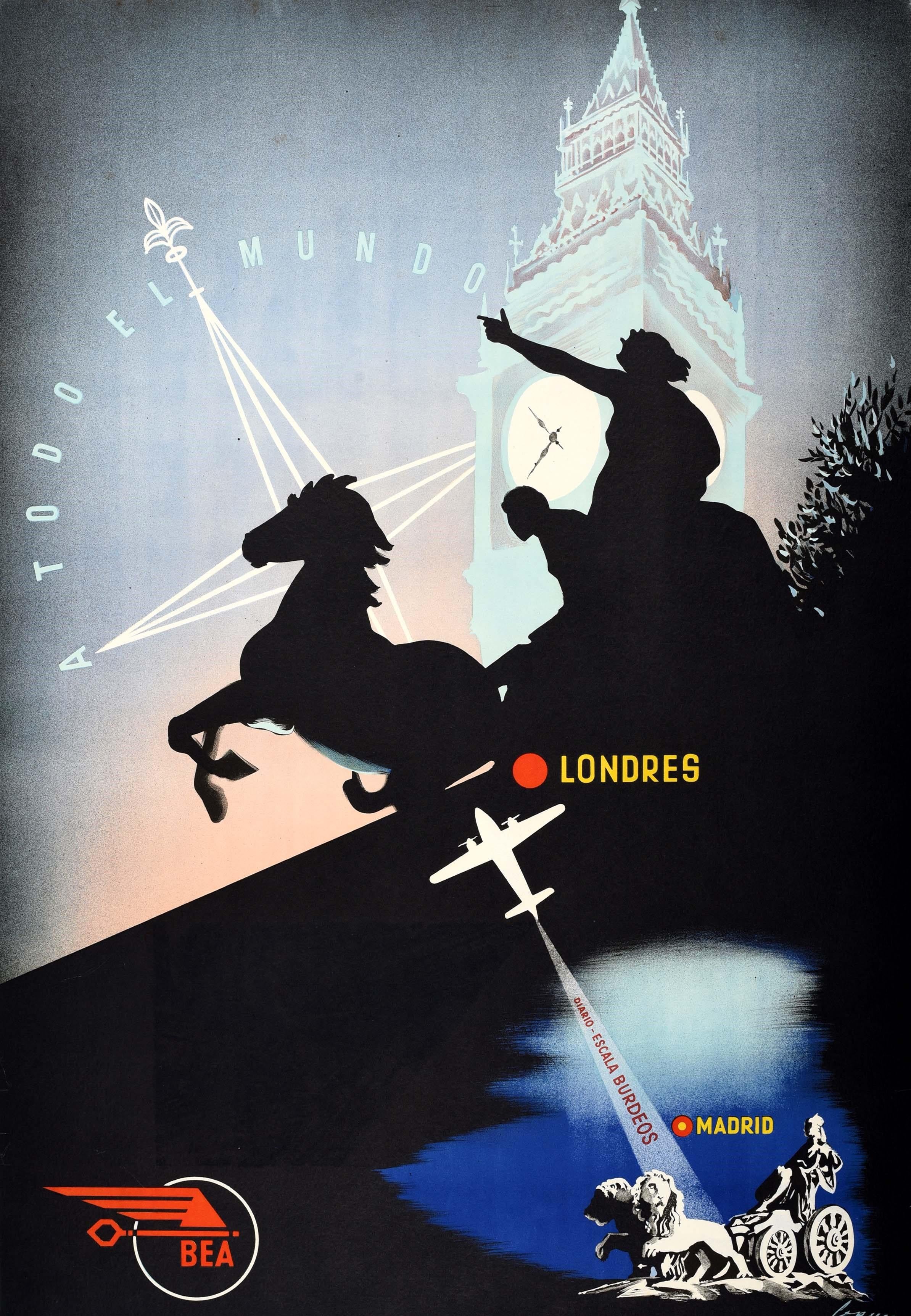 Milieu du XXe siècle Affiche rétro originale de voyage d'une compagnie aérienne, Madrid à Londres, BEA To The Whole World en vente