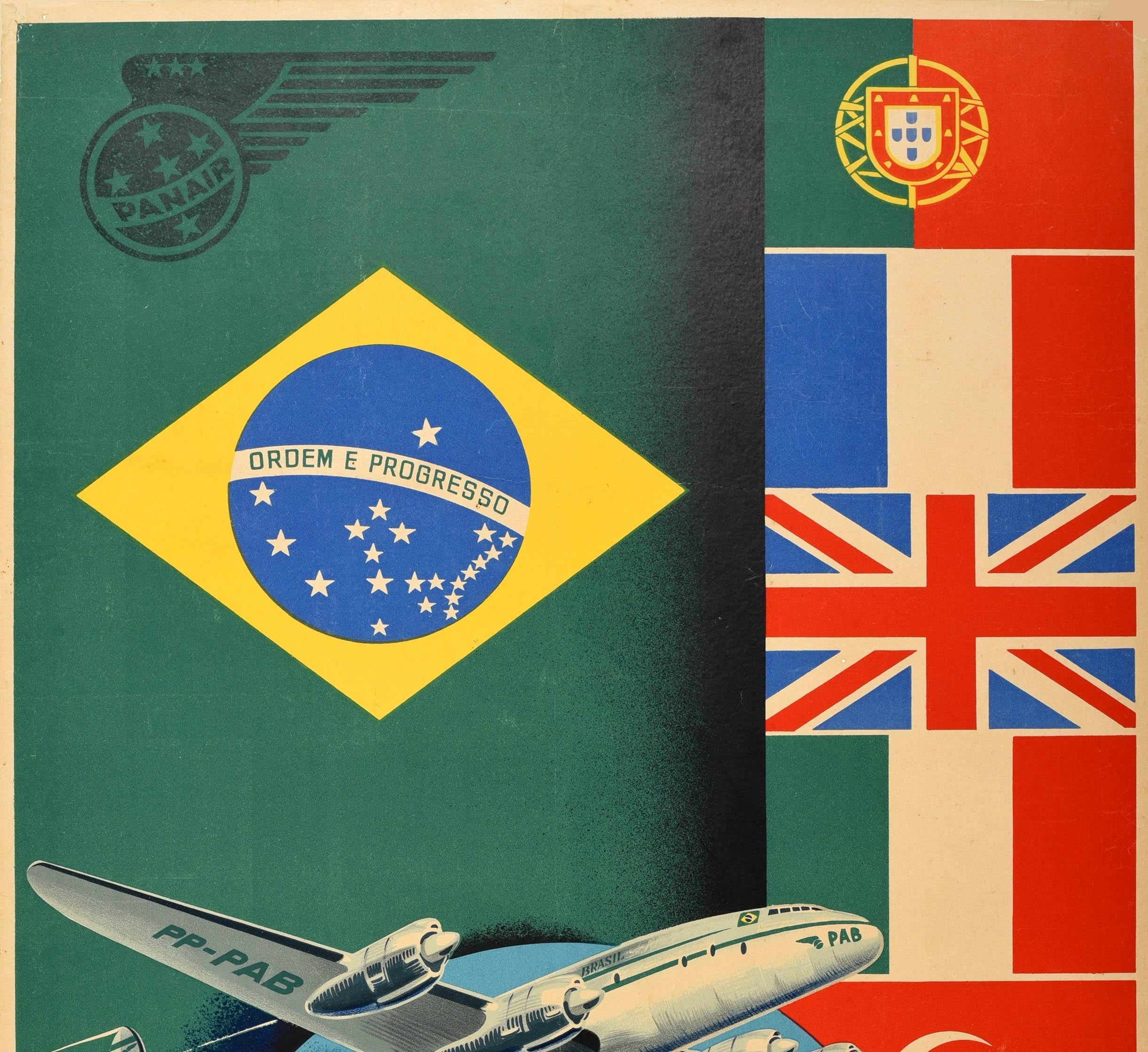 Original vintage travel advertising poster for Panair Do Brasil featuring a plane flying at speed in front of a globe marking the airline route around the world from Europe and Africa across the Atlantic Ocean to South America - London Paris