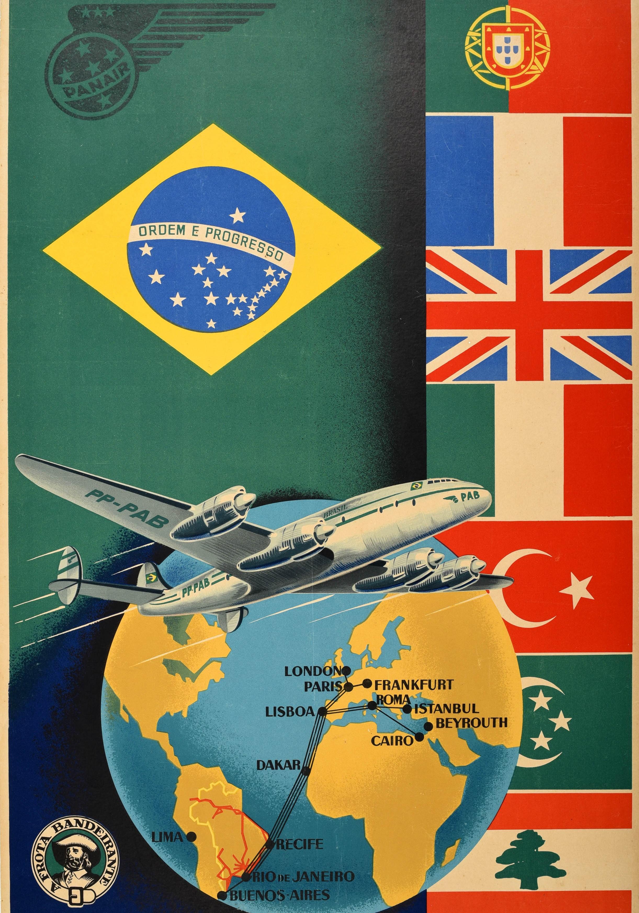 French Original Vintage Airline Travel Poster Panair Do Brasil Lockheed Constellation