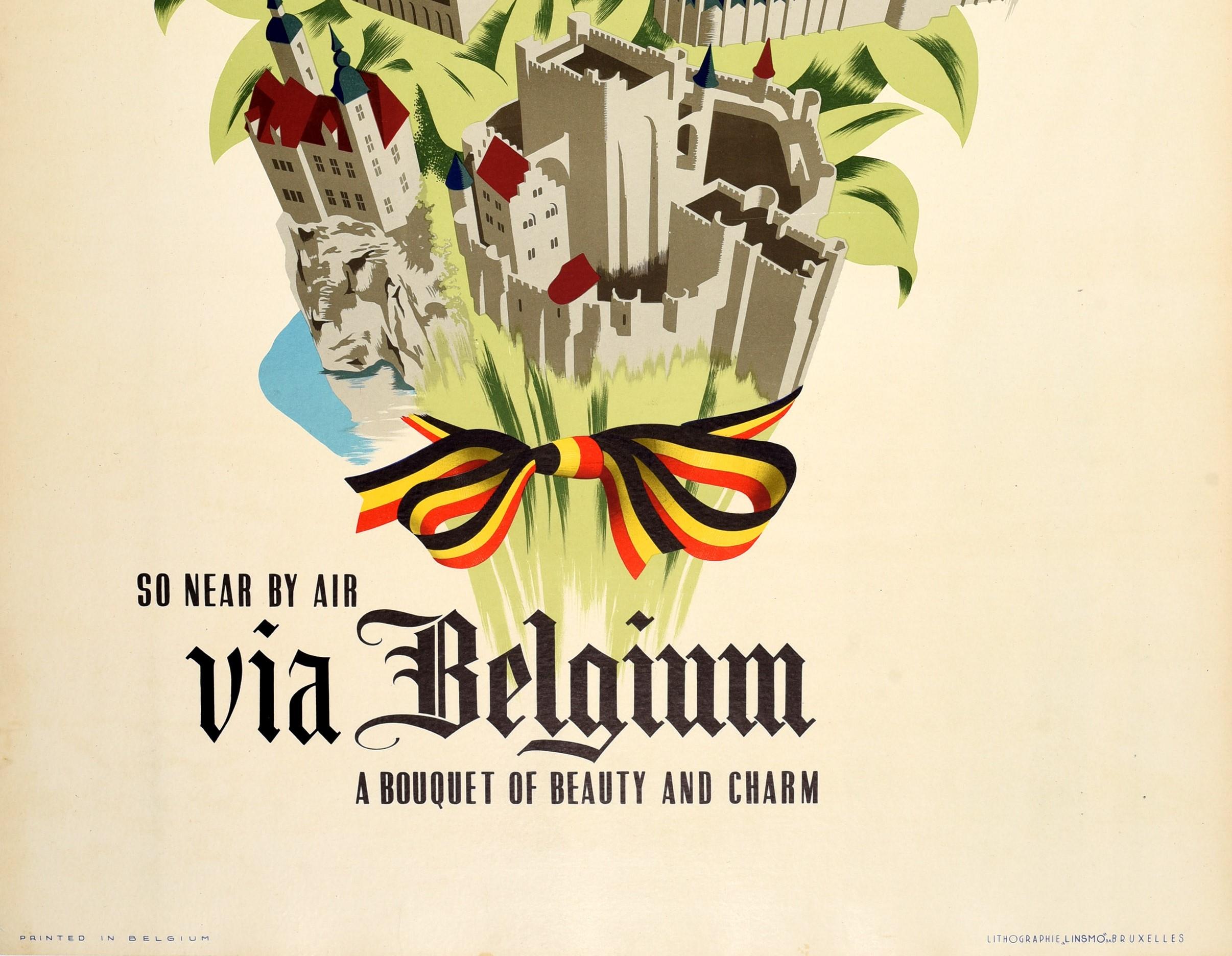 Belgian Original Vintage Airline Travel Poster Sabena Belgium Route Of The Cathedrals