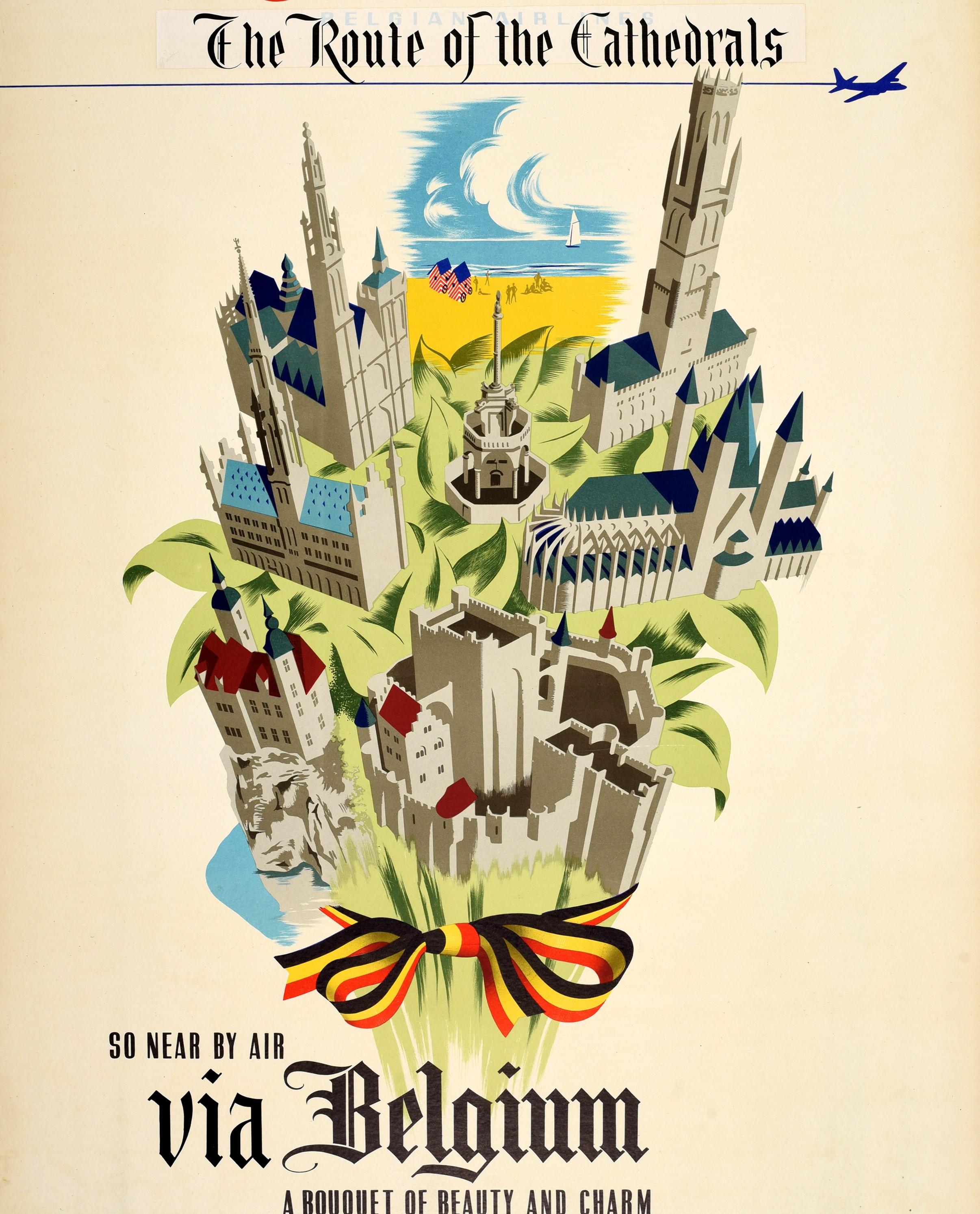 Original Vintage Airline Travel Poster Sabena Belgium Route Of The Cathedrals In Good Condition In London, GB