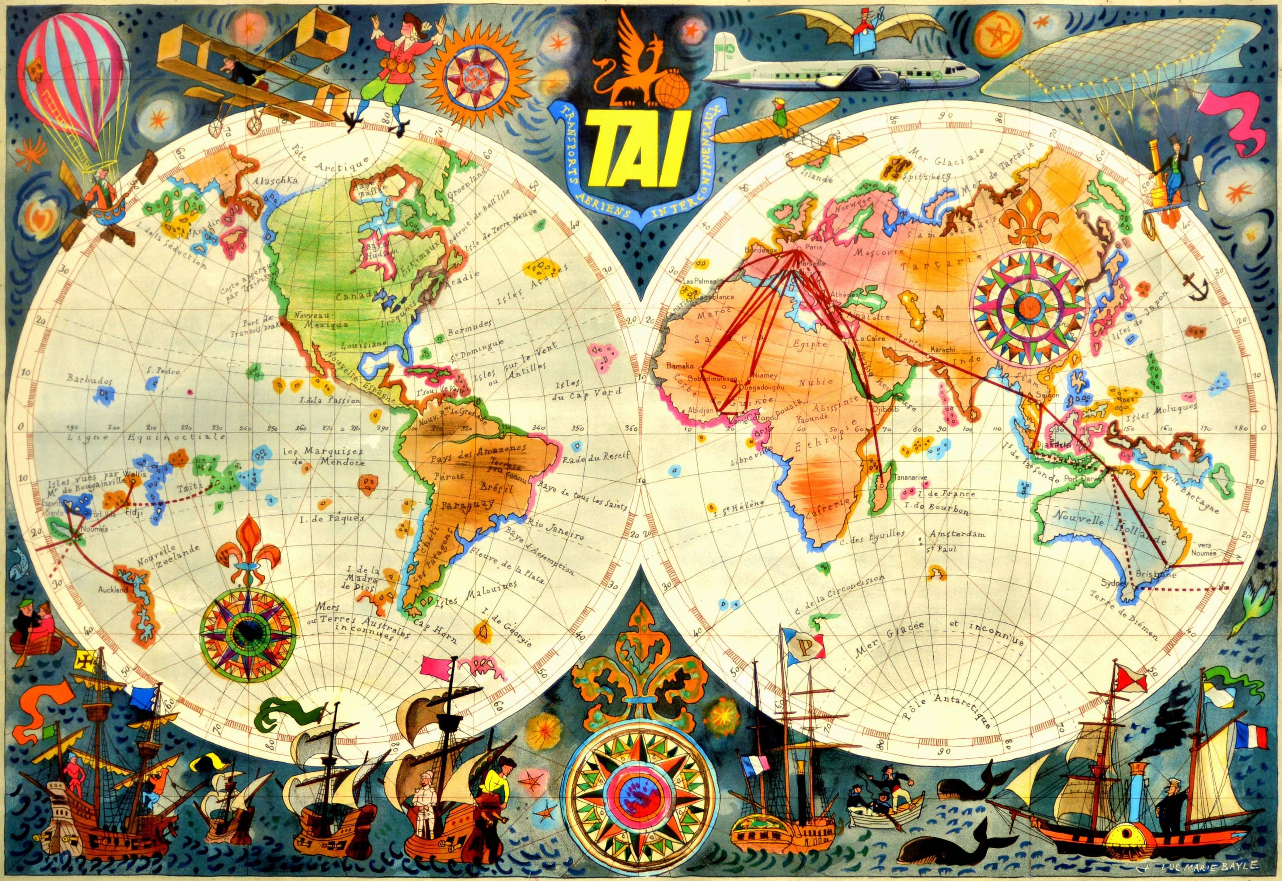 Original vintage travel advertising poster for TAI Transports Aeriens Intercontinentaux Map of the World by Luc-Marie Bayle (1914-2000) featuring a colorful planisphere map showing the airline's routes around the globe surrounded by fun images of