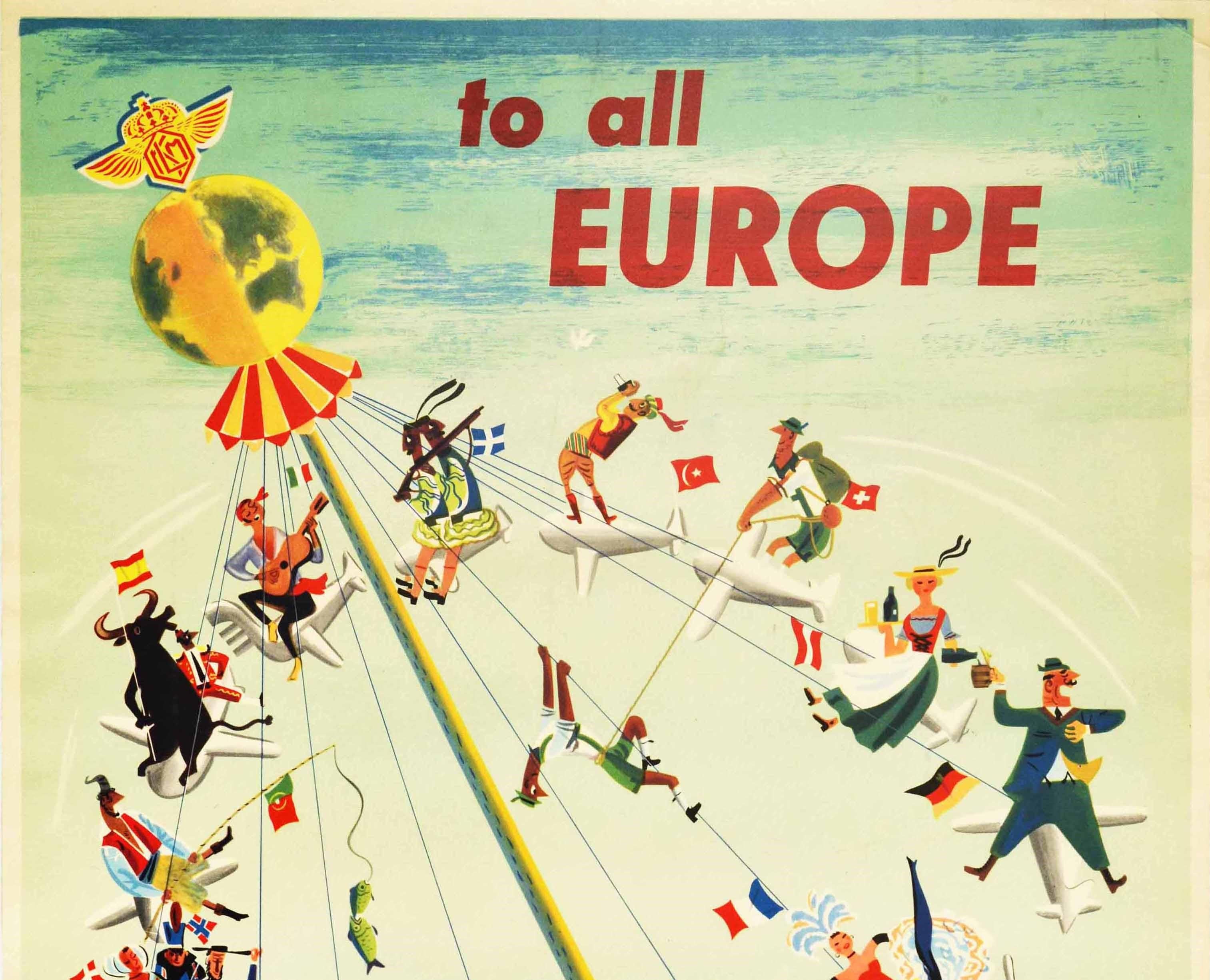 Original vintage travel poster issued by KLM Royal Dutch Airlines - Fly KLM to all Europe. The poster features a colourful and fun illustration by Emile Brumsteede (Mile; 1911-1962) of people representing European nations on a merry-go-round