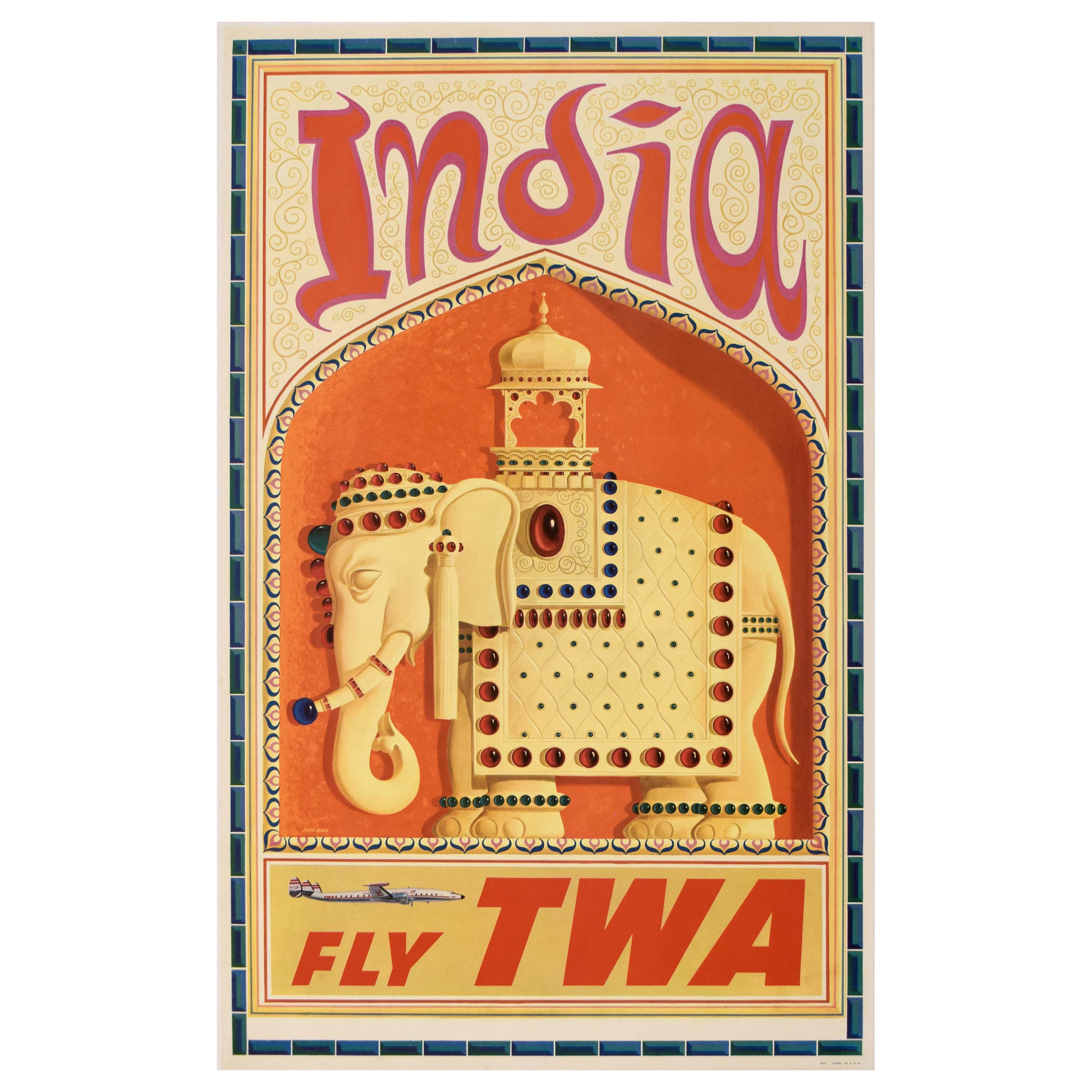 Original Vintage Airline Travel Poster TWA India Circa 1952, David Klein