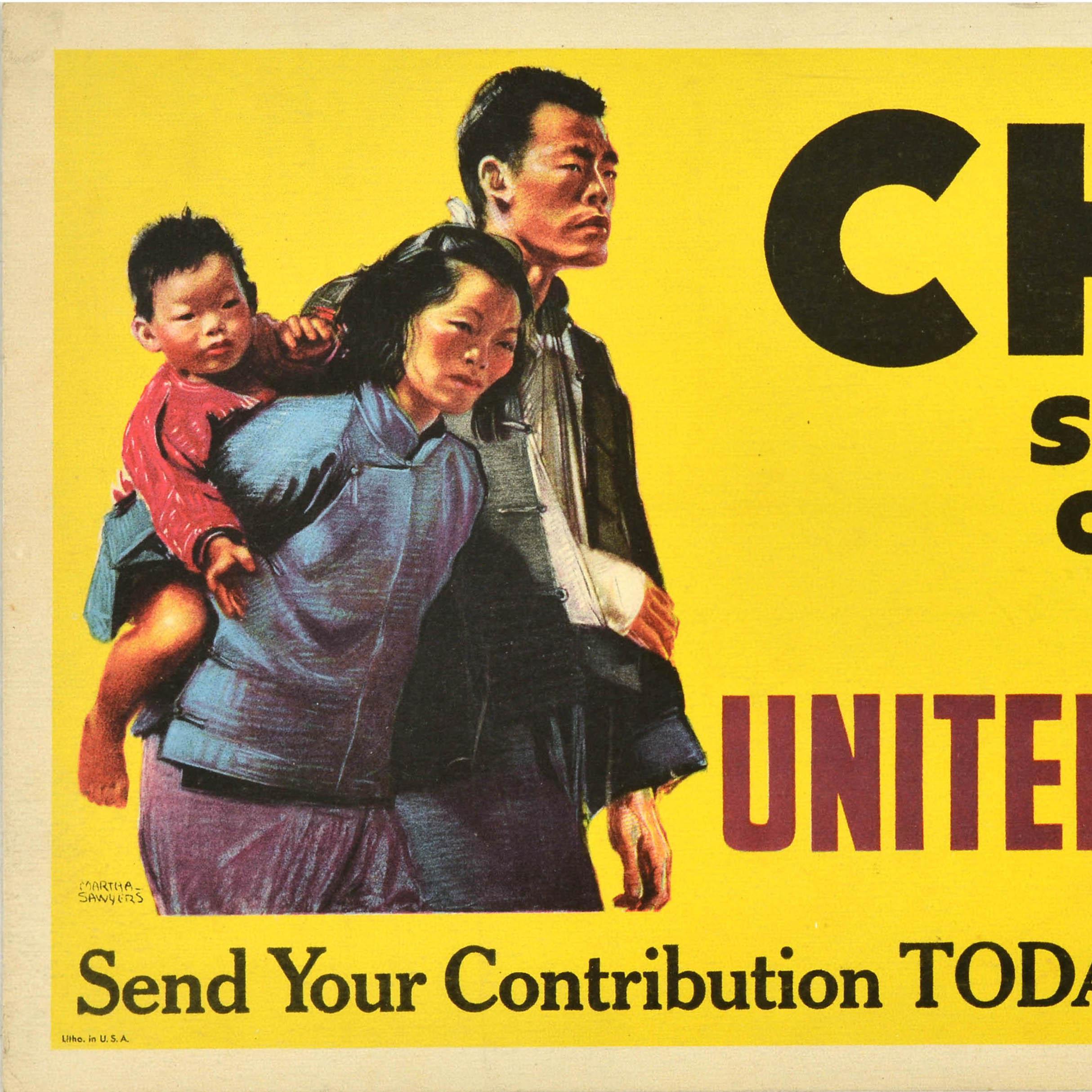 Americano Poster originale d'epoca per la raccolta di fondi per la guerra United China Relief WWII USA in vendita