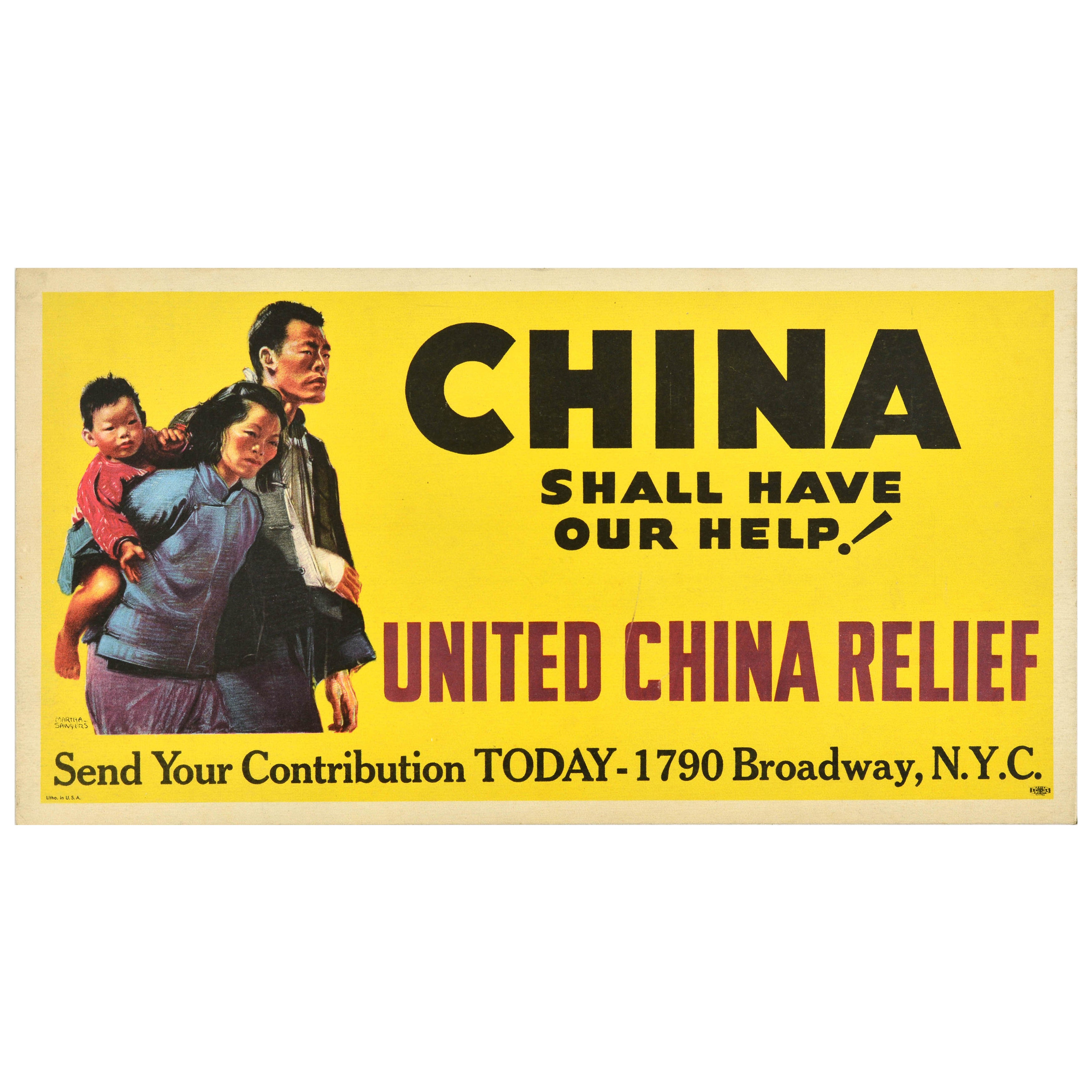 Poster originale d'epoca per la raccolta di fondi per la guerra United China Relief WWII USA in vendita