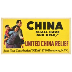 Original Vintage American War Fundraising Poster United China Relief WWII USA