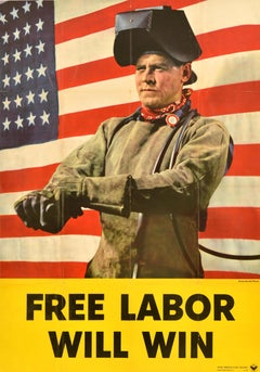 Original Vintage American War Poster Free Labor Will Win WWII Home Front Bruehl