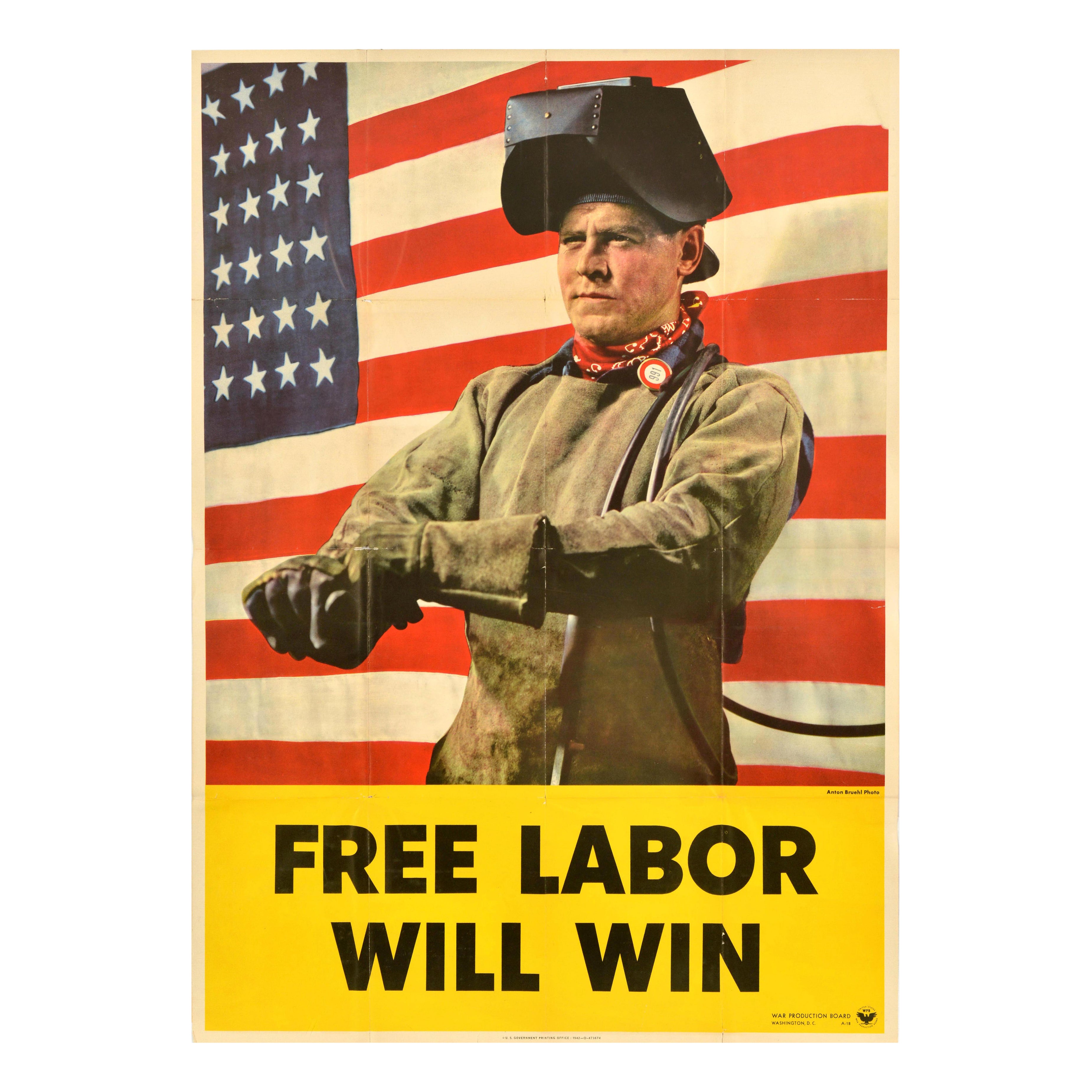 Original Vintage American War Poster Free Labor Will Win WWII Home Front Bruehl