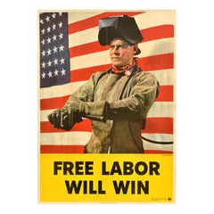 Original Vintage American War Poster Free Labor Will Win WWII Home Front Bruehl