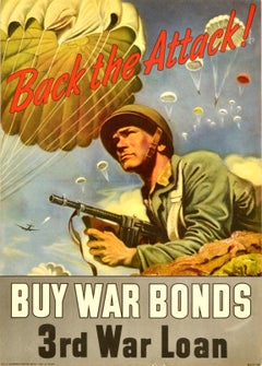 Original Vintage American WWII Propaganda Poster Buy War Bonds Back the Attack
