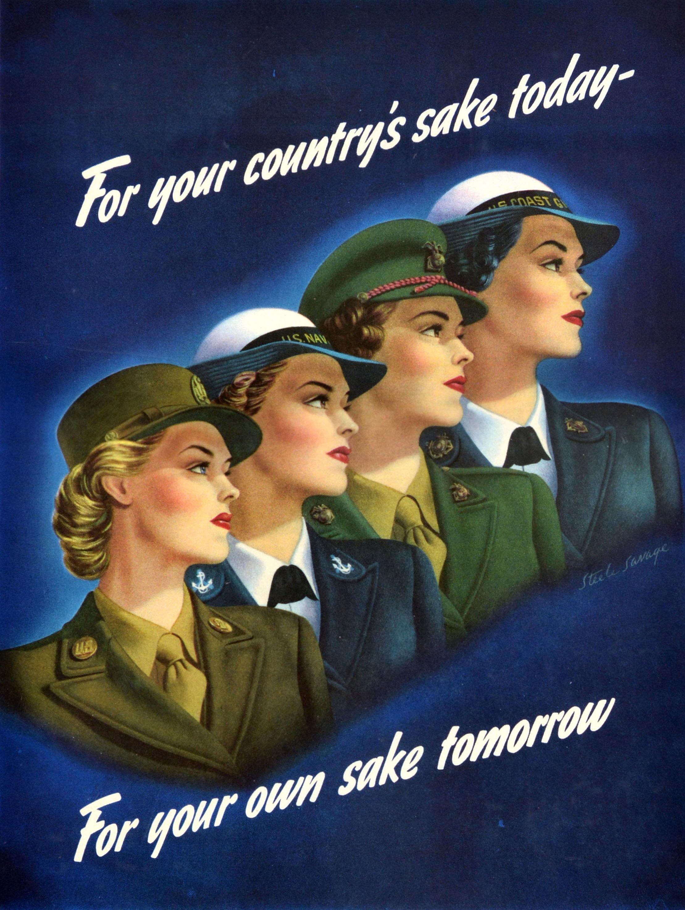 Original vintage American World War Two recruitment poster - For your country's sake today For your own sake tomorrow Go to the nearest recruiting station of the armed service of your choice - featuring a stunning illustration by Harry Steele Savage