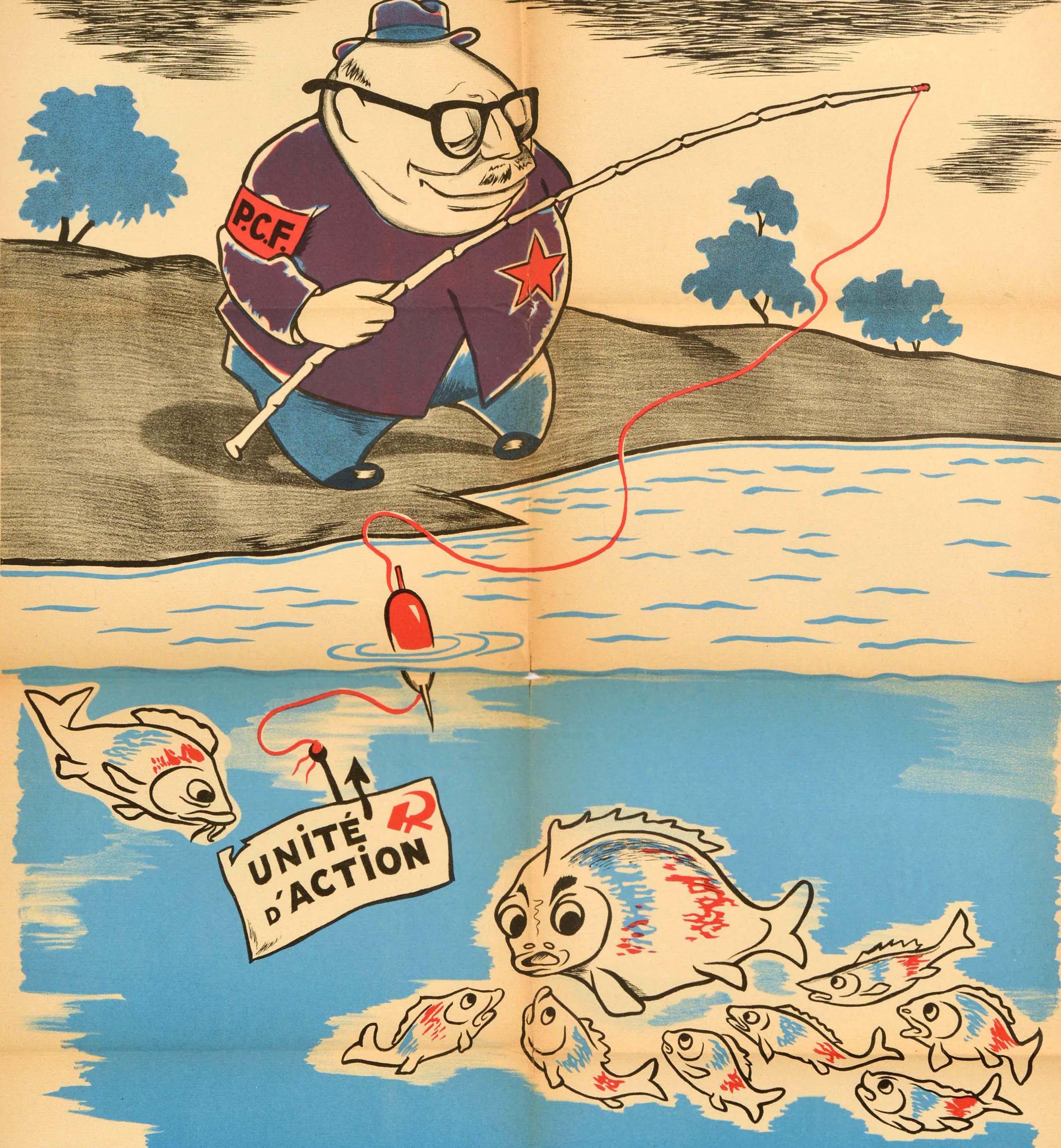 Metà XX secolo Poster originale di propaganda anticomunismo d'epoca Hands Off United Action PCF in vendita
