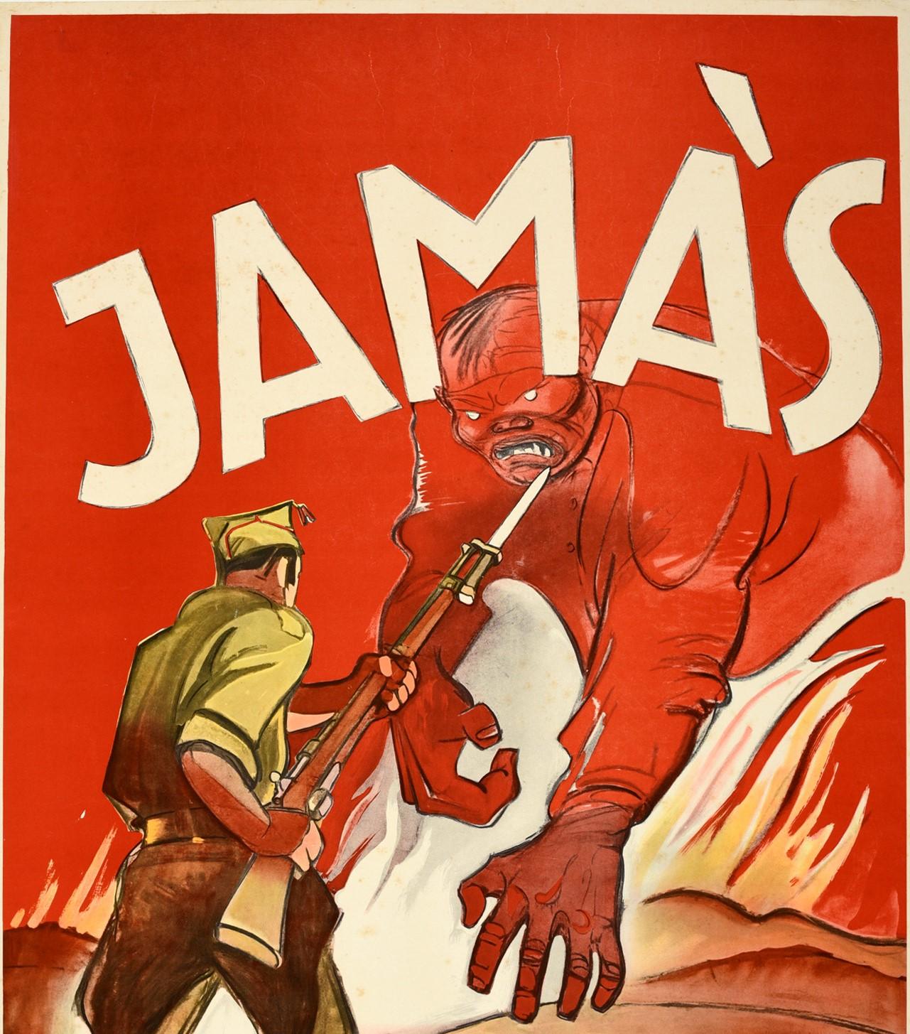 Original vintage anti Communist Spanish Civil War propaganda poster, Jamas / Never, featuring a dynamic image of a Spanish soldier protecting his family by using a bayonet rifle gun to fend off a devilish red communist man reaching over the