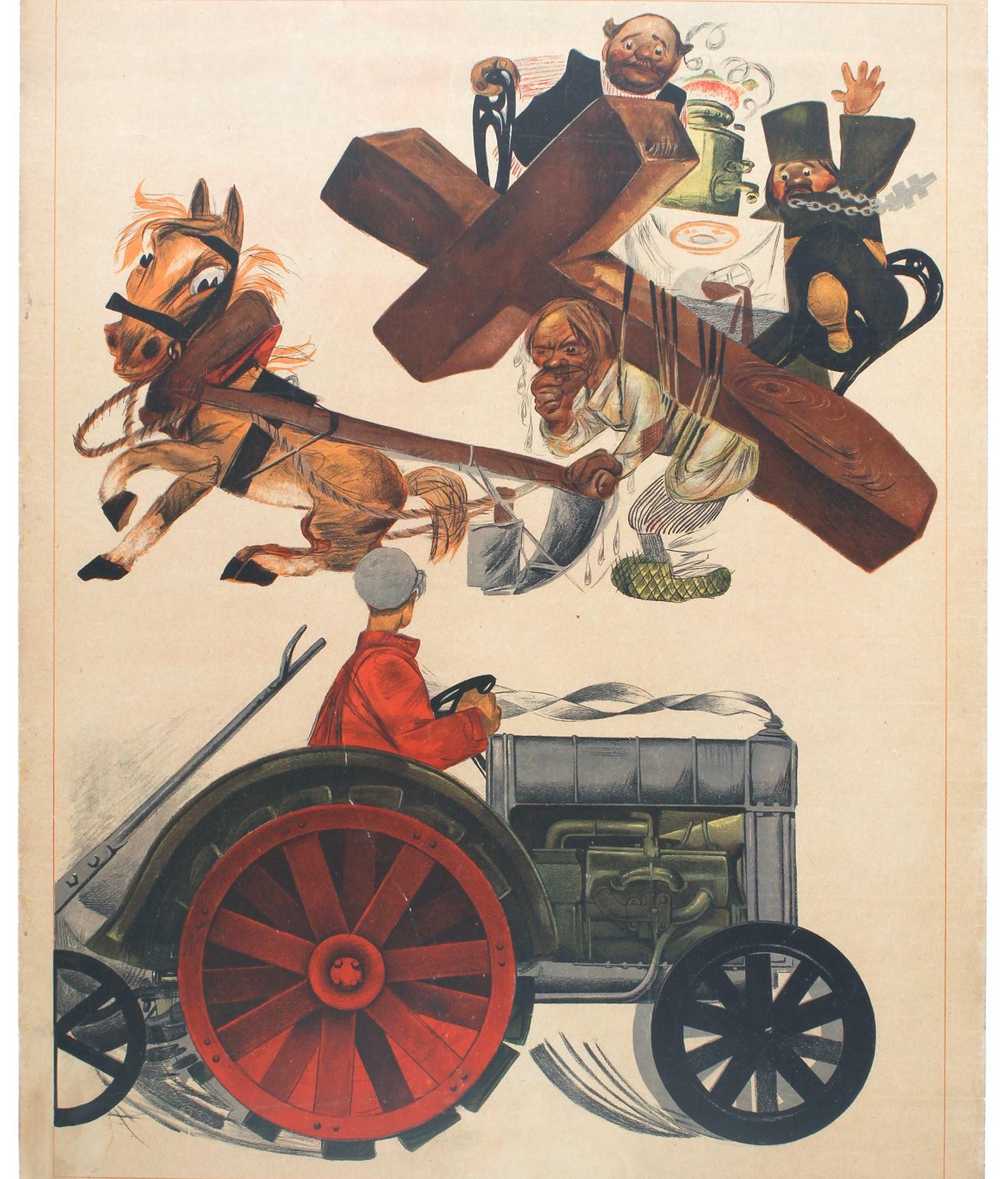 Affiche rétro originale de propagande soviétique et anti- religion, Croix et fermier tracteur État moyen - En vente à London, GB